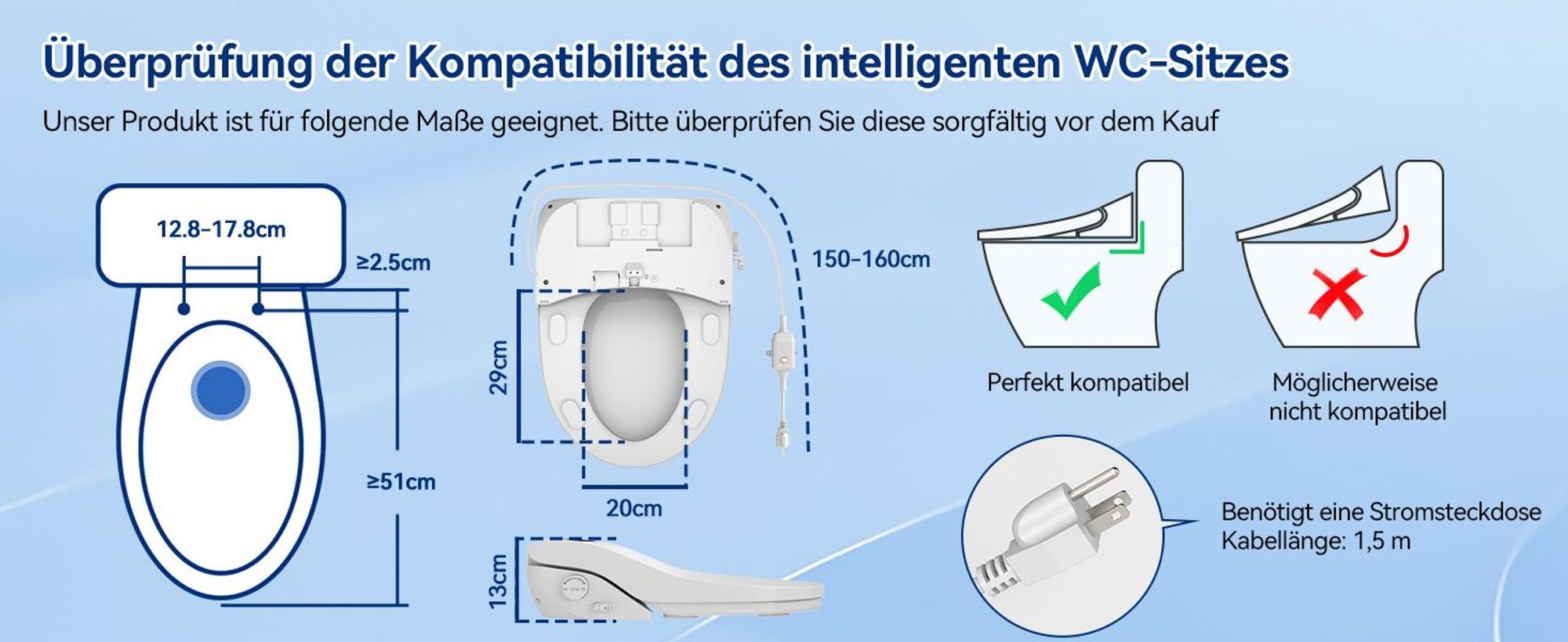Puluomis Intelligenter Toilettensitz mit Warmwasser, Warmluft, Heizsitz, Duschfunktion, Trocknung,  4-Temperaturstufen, LCD-Display, Nachtlicht lang