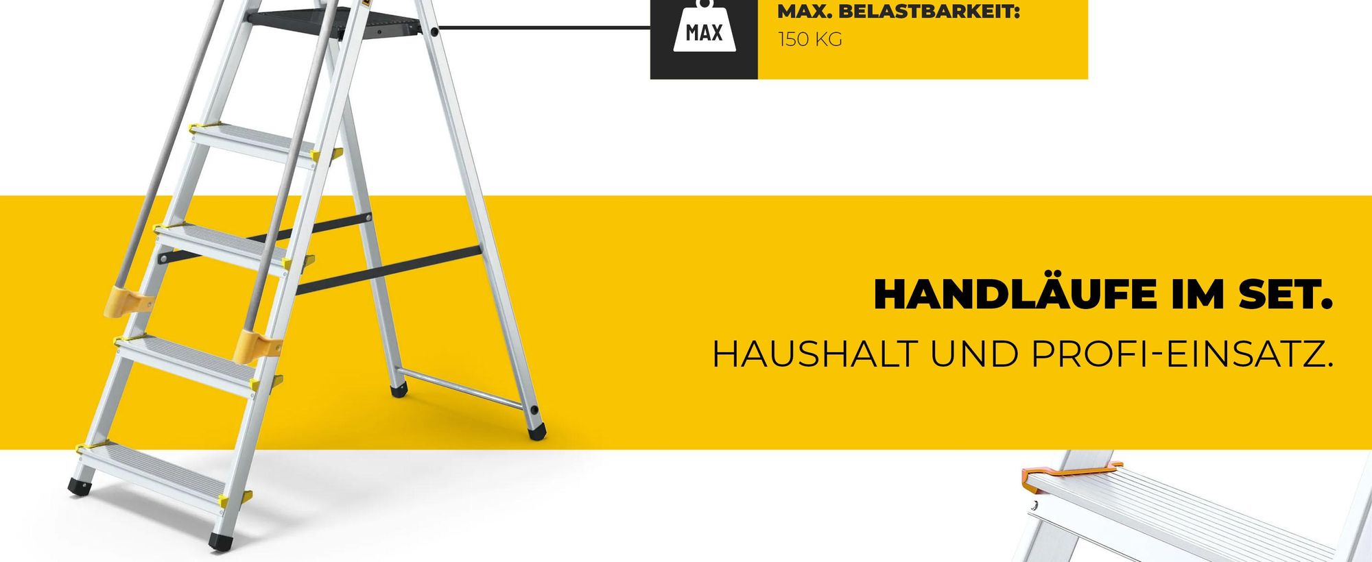 Drabest | Leiter - 5 Stufen, Tragfähigkeit 150kg - Leiter mit Handläufen, Alu Leiter, Anti-Rutsch-Füße, Trittleiter, Klappleiter