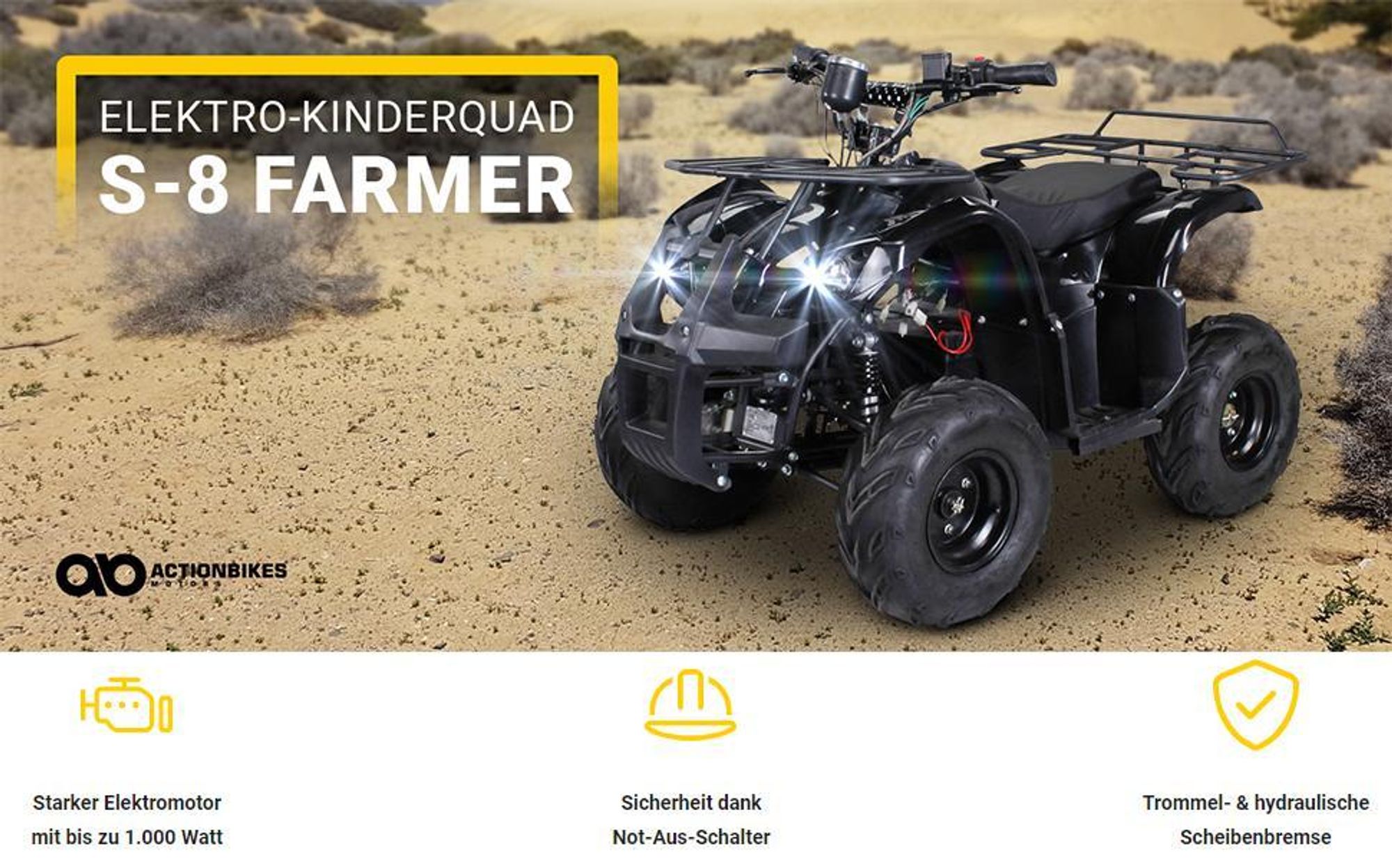 Elektro Kinderquad S-8 Farmer | 1000 Watt - Midi Quad - 2 Stufen drosselbar - Bis 20 km/h - ATV Pocket Quad - Offroad & Onroad - Bis 82 kg (Schwarz)