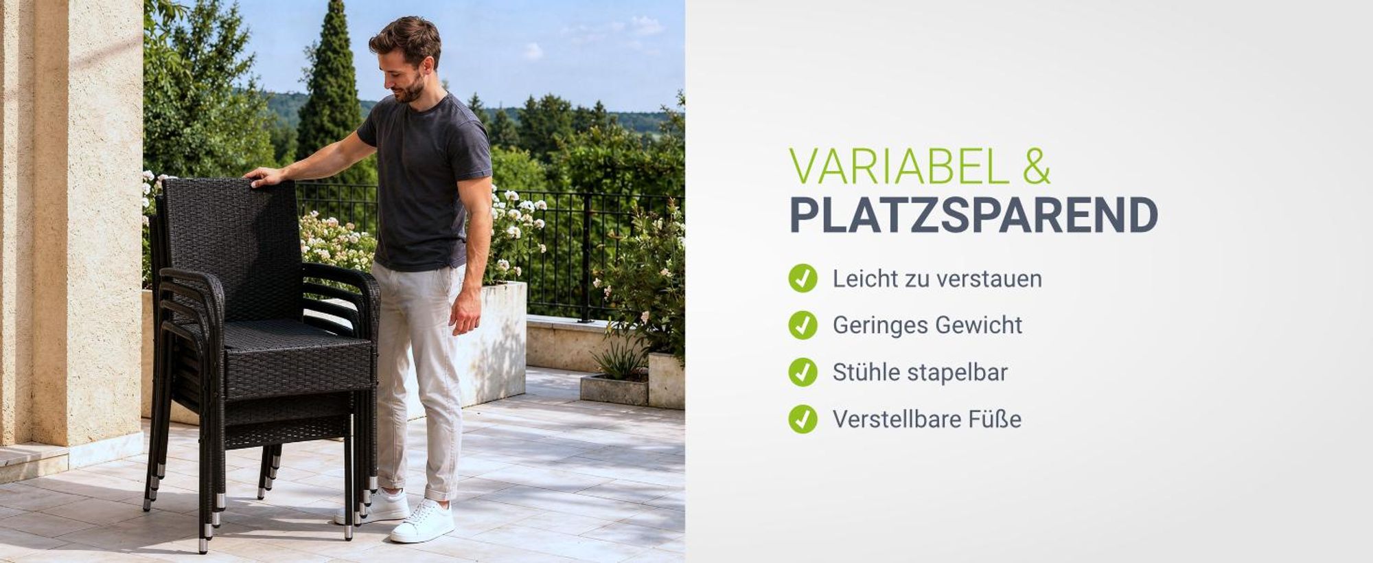 Juskys Polyrattan Gartenstühle Yoro 8er Set - mit Armlehnen & Rückenlehne - 8 Stühle stapelbar - Rattan Stuhl Garten - Stapelstuhl Schwarz
