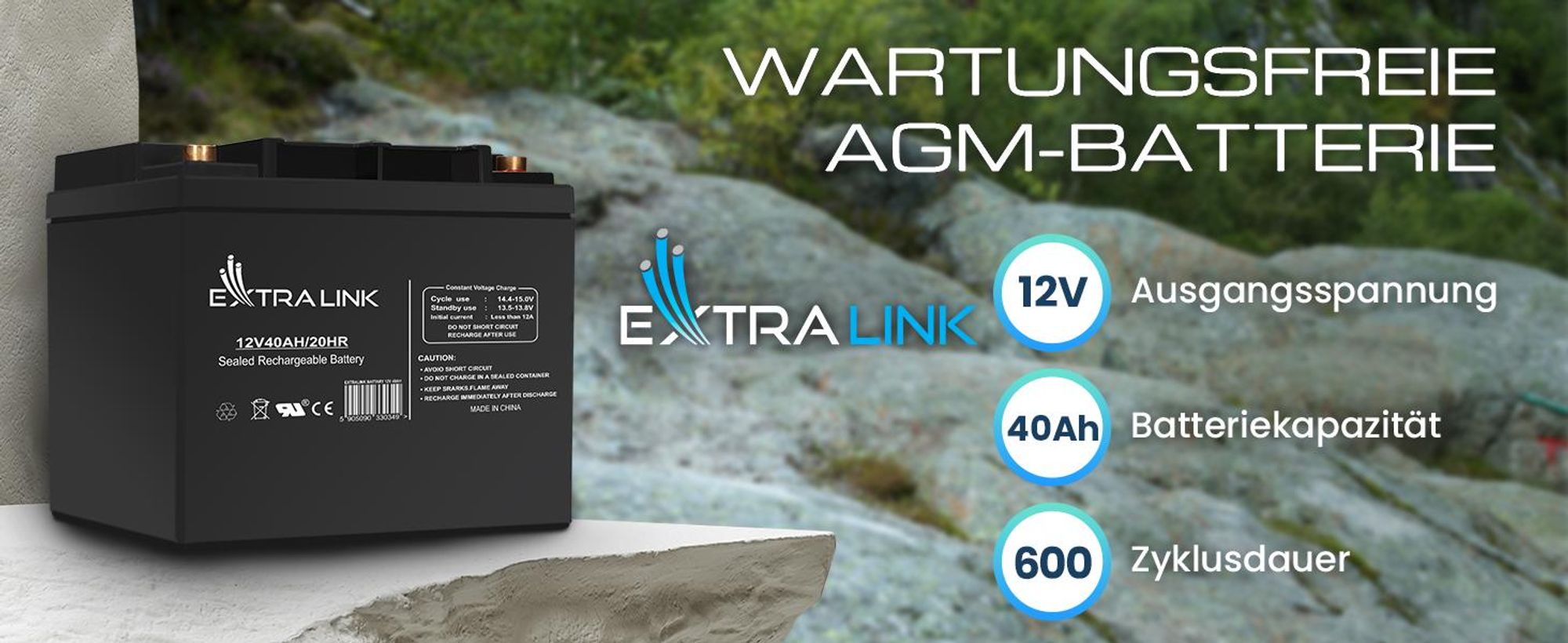 Extralink AGM 12V 40Ah Akku Batterie Elektronik Wartungsfrei Ideal für Camping, Wohnmobil & Batterie Solaranlagen
