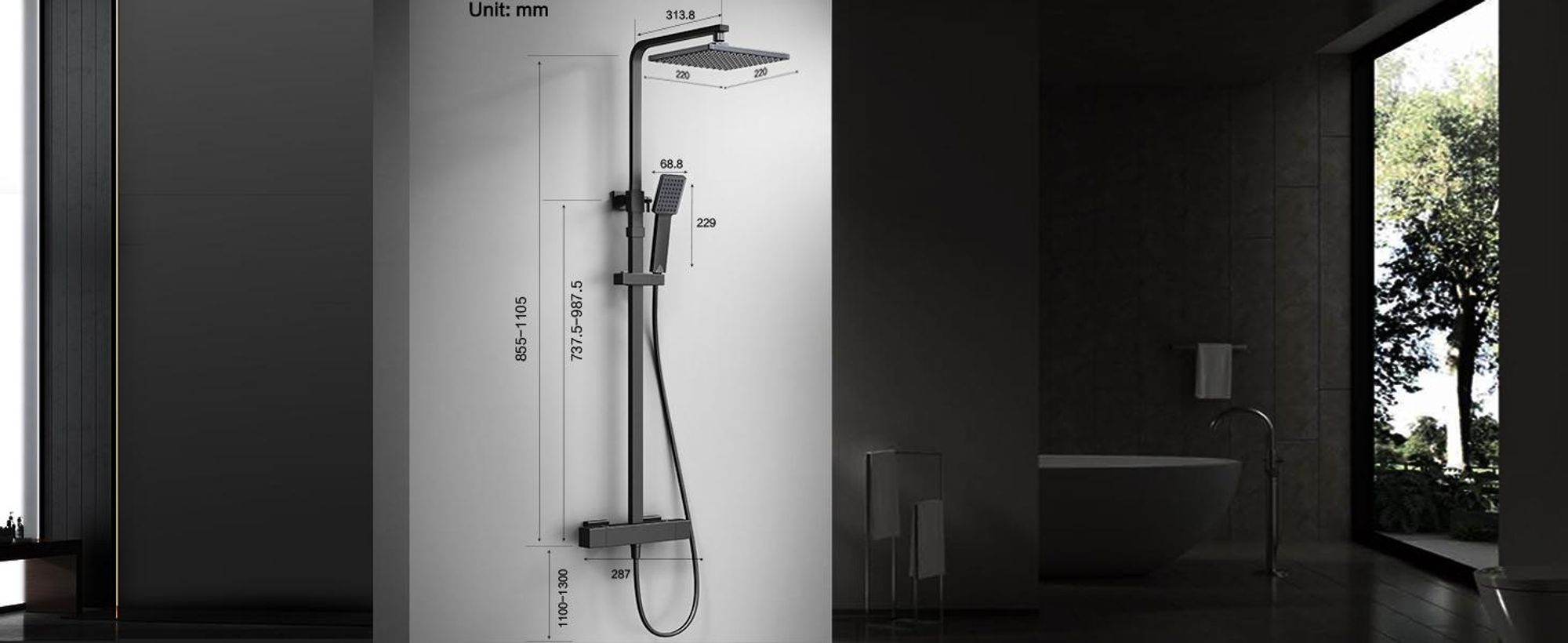 HOMELODY Duschsystem mit Thermostat 38℃ Duscharmatur Schwarz Regendusche Duschset, verstellbare Edelstahl Duschstange Duschset, Messing