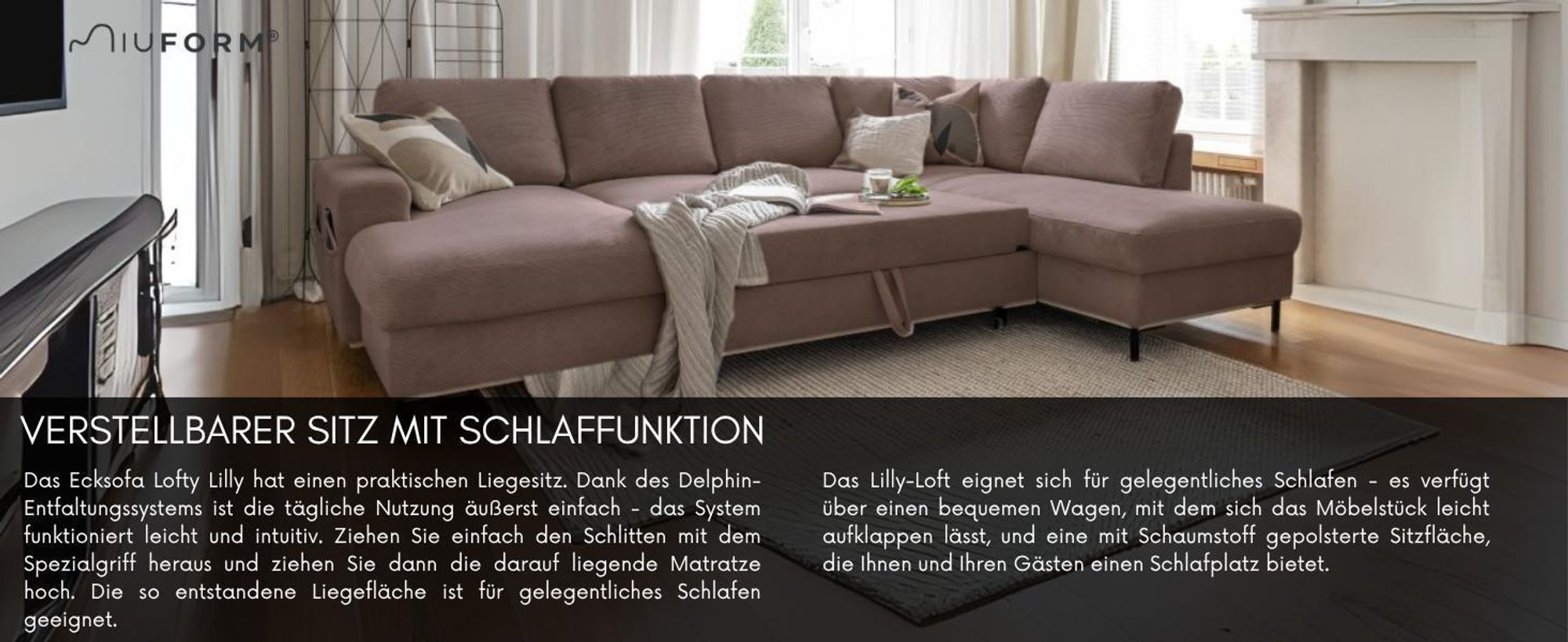 MIUFORM Lofty Lilly - Ecksofa mit Bettfunktion und Bettkasten U-FORM LINKS - 303 x 197 cm - Velours Dunkelbeige - Sofa Schlafsofa Couch