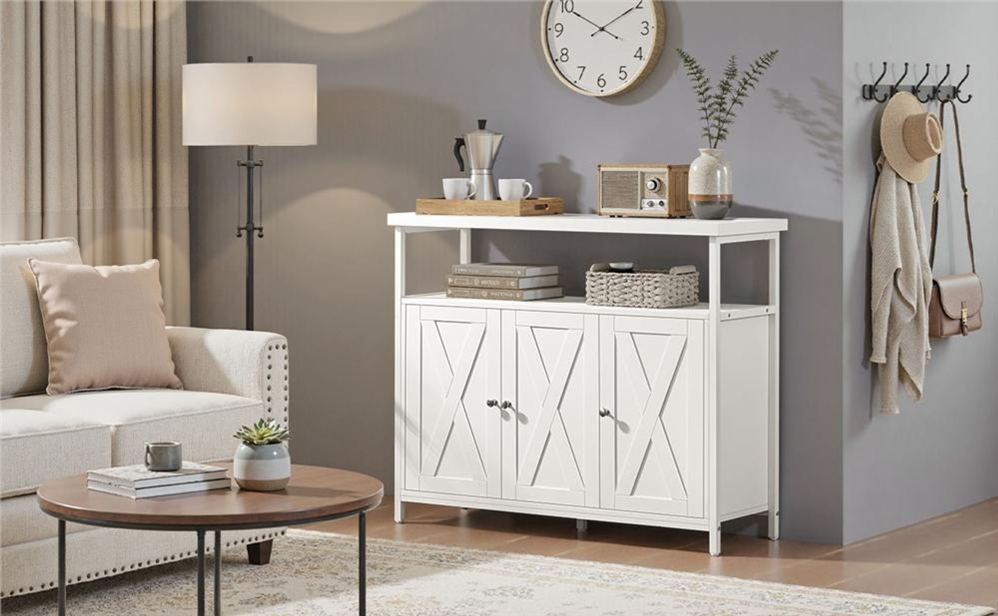 Yaheetech Küchenschrank Sideboard mit 3 Türen & offenen Regalen, 100×35×81cm, verstellbare Ablage, Buffetschrank Aufbewahrungsschrank, Weiß