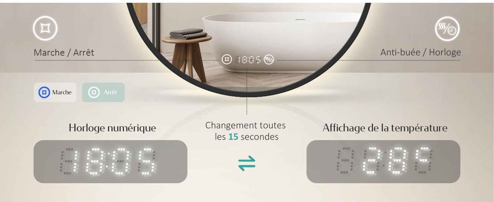 EMKE Miroir de salle de bain rond LED avec éclairage ф60cm Miroir de salle de bain noir rond avec antibuée, horloge, température, variateur, fonction mémoire - Lumières neutres 4300K