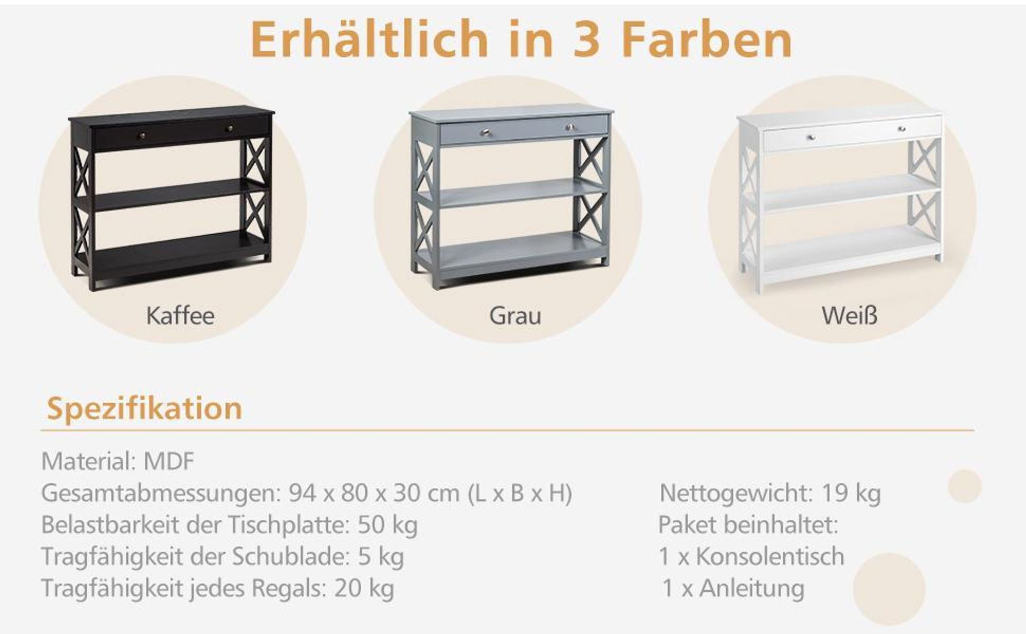 COSTWAY 3 Ebenen Konsolentisch mit Schublade, Flurtisch Holz, Standregal, Beistelltisch, Sofatisch, Flur, Wohnzimmer, 100 x 30 x 80 cm Weiß
