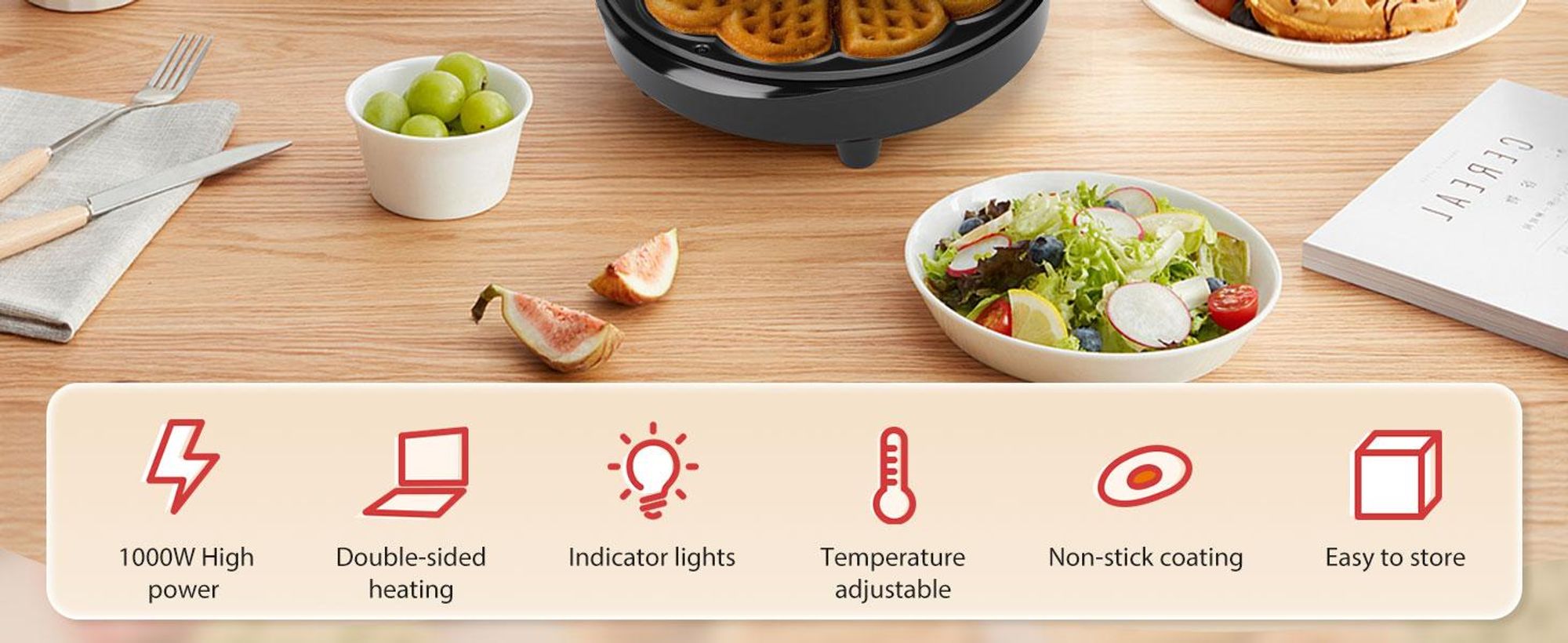 Aigostar für 5 Herz-Waffeln, 1000W, Antihaft-Platten, Einstellbarer Temperatur