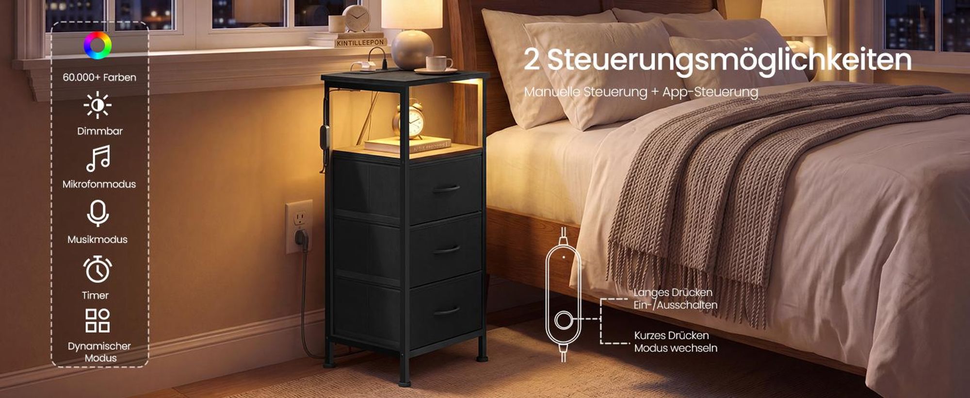 SONGMICS Nachttisch mit LED-Beleuchtung und Ladestation, 2er Set, Nachttisch mit 3 Schubladen und offenem Fach, schwarz