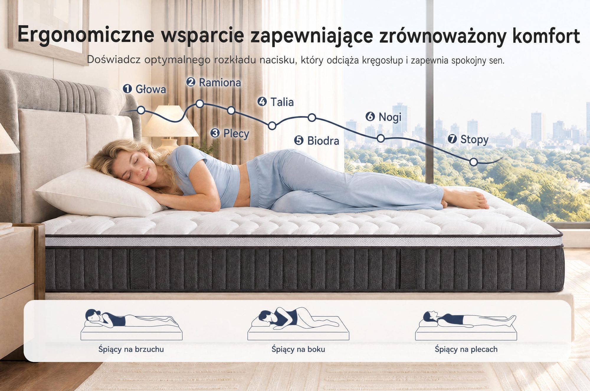 Materac 140x200 cm, wysokość 22 cm, z wbudowanym topperem, materac sprężynowy kieszeniowy, 7 stref twardości, stopień twardości H3/H4