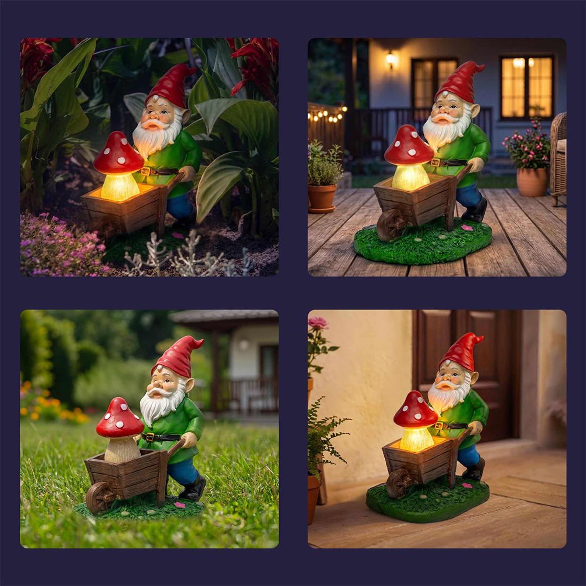 YoCo Solar-Gartenzwerg mit Schubkarre – lustige Gartenfigur mit LED-Licht, Gartendekoration aus Kunstharz, IP44, für Garten, Terrasse und Balkon