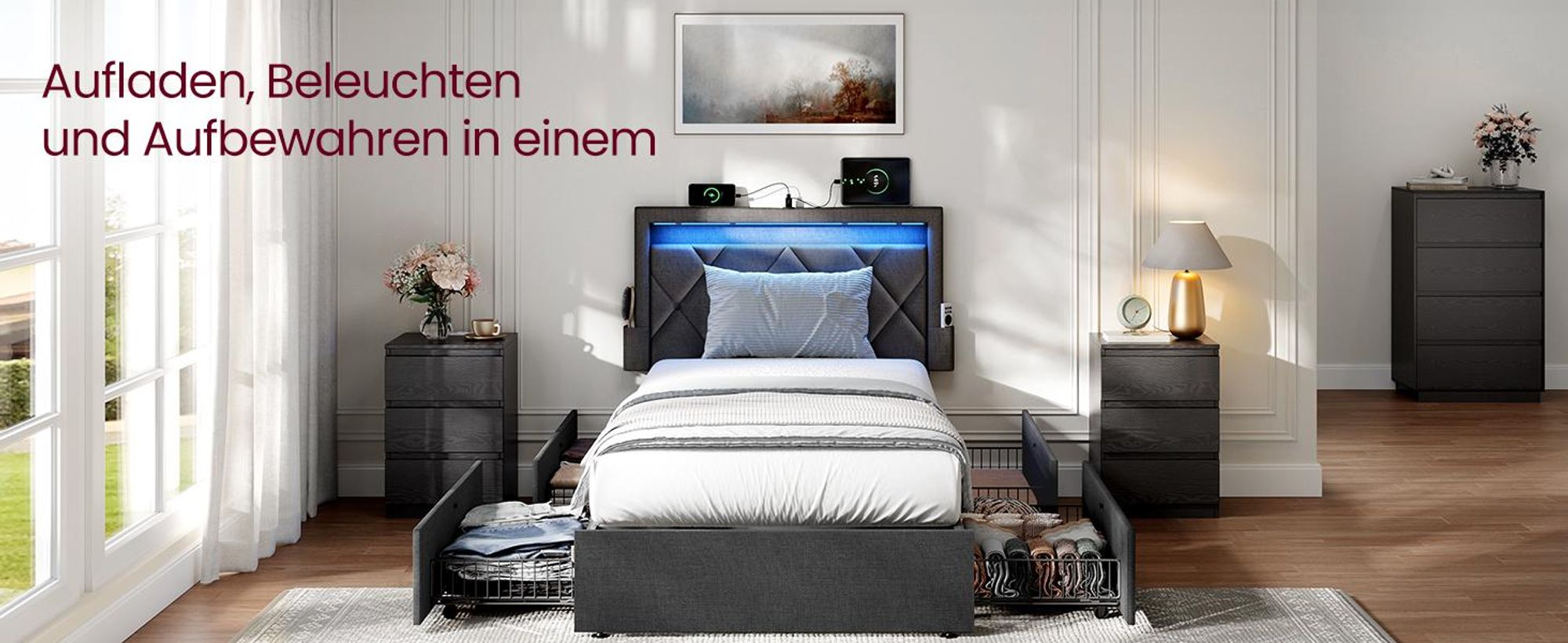 VASAGLE Doppelbettgestell, Bettgestell, 90 x 200 cm, LED, Metallbett, 4 Schubladen, Ladestation, verstellbares gepolstertes Kopfteil, Schiefergrau