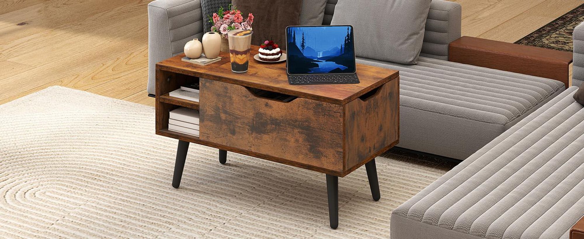 YITAHOME Couchtisch Beistelltisch Wohnzimmertisch, höhenverstellbar, mit Stauraum, 80x40x61,5 cm, Braun