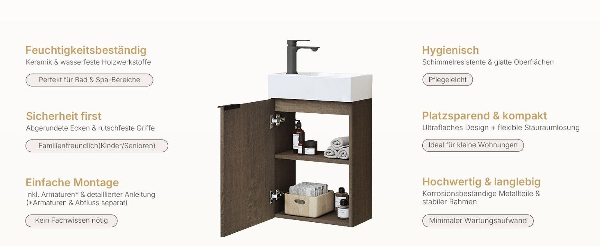 EMKE Waschbeckenunterschrank mit waschbecken 417×240×646 mm wandhängend, Badezimmerschrank, Waschtischunterschrank Soft-Close, Räuchereiche-Optik
