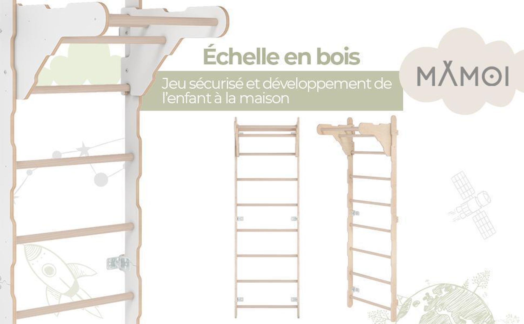 Échelle de gymnastique pour enfants (210 cm), Échelle murale en bois, Cadre d'escalade pour enfants, Roues de gymnastique, Matelas de protection