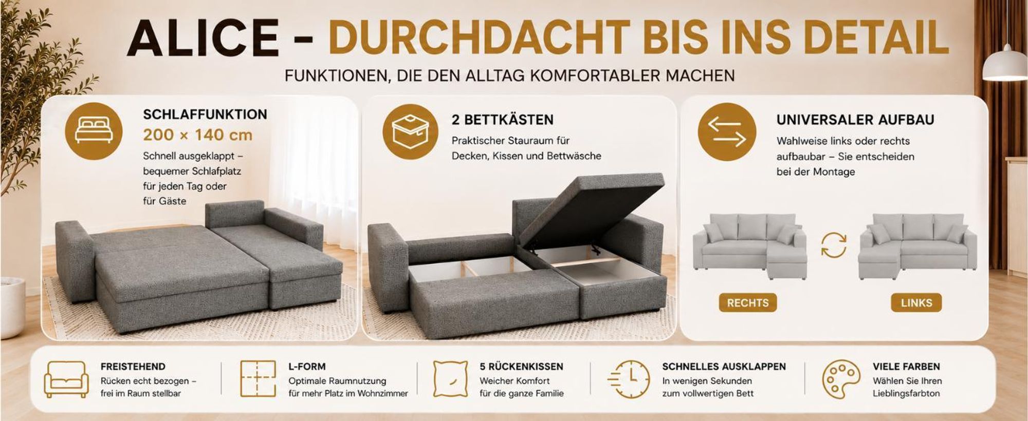 Ecksofa mit Schlaffunktion, ANTONIO ALICE - 248x147x81cm, Ottomane links oder rechts, Schlaffunktion & 2 Bettkästen, Eckgarnitur, Samtbezug in Beige