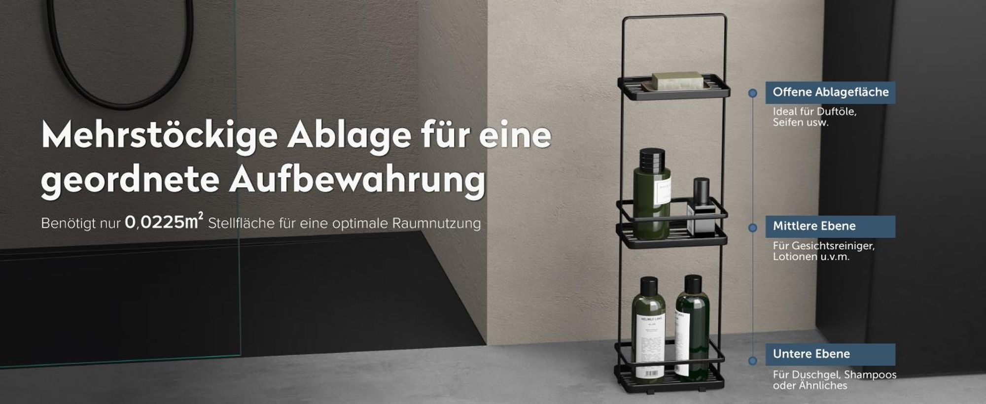 doporro Duschablage ohne Bohren 3 Ebenen Badregal Stehend Badezimmerregal Duschregal Schmales aus Metall für Badezimmer und Toilette Schwarz Reglo-02
