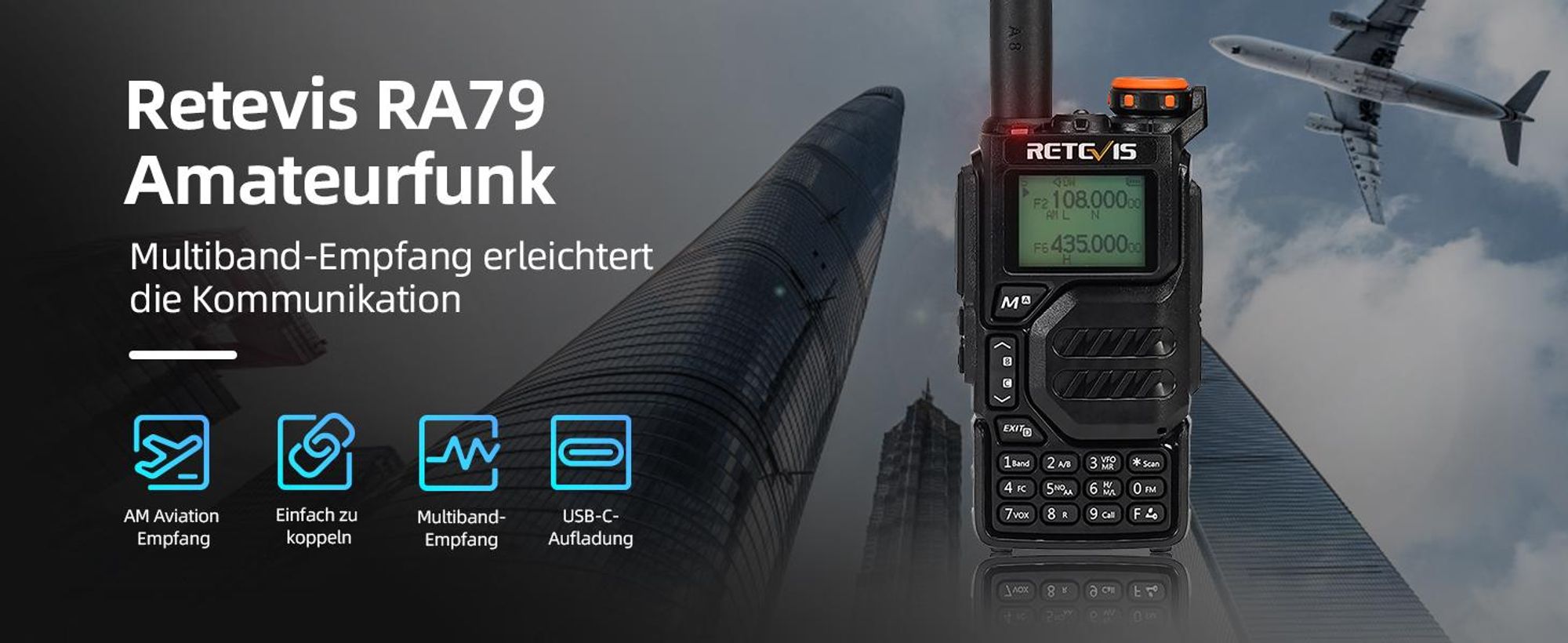 Retevis RA79 Amateurfunkgerät, 5W Air-Band-Empfang Ham Radio, 1400-mAh-Akku-Handfunkgerät für Jagd, Reisen, Wandern, Fernfunkgerät (1 Stück)