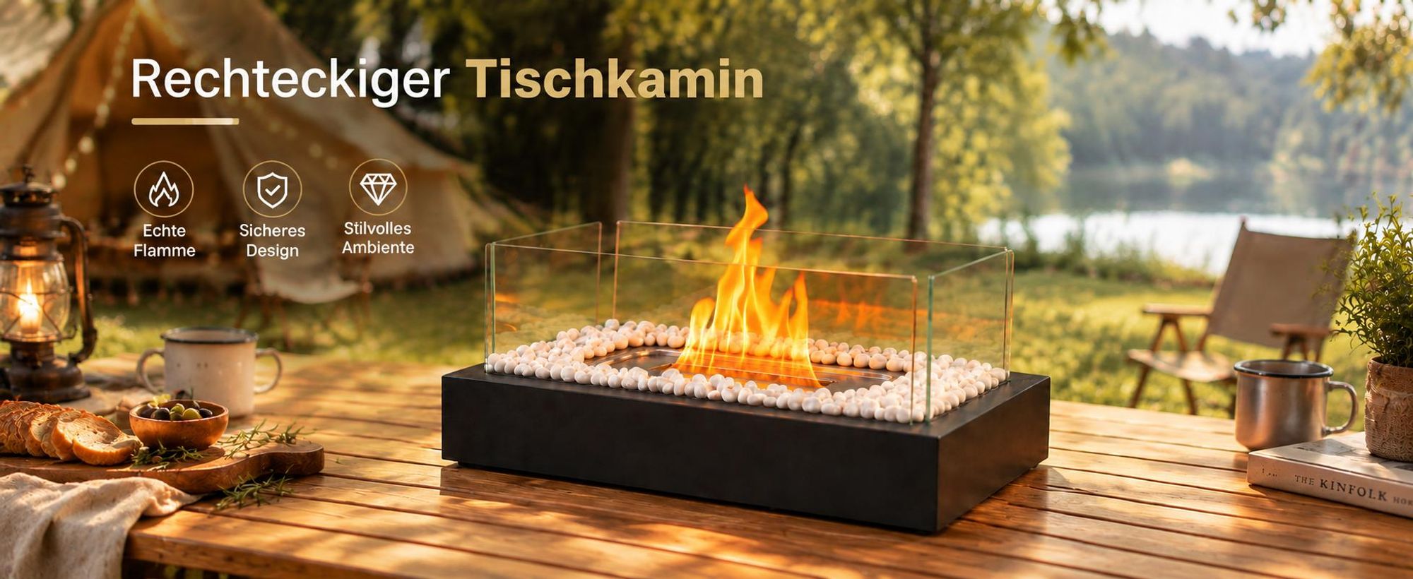 ZMH -ethanol tafelkachel, roestvrij staal, tafelhaard, 35x18x15cm, rechthoekig, glazen haard, glazen vlam, tafeldecoratie, decoratieve haard, zwart, geschikt voor woonkamer, buiten, feestjes