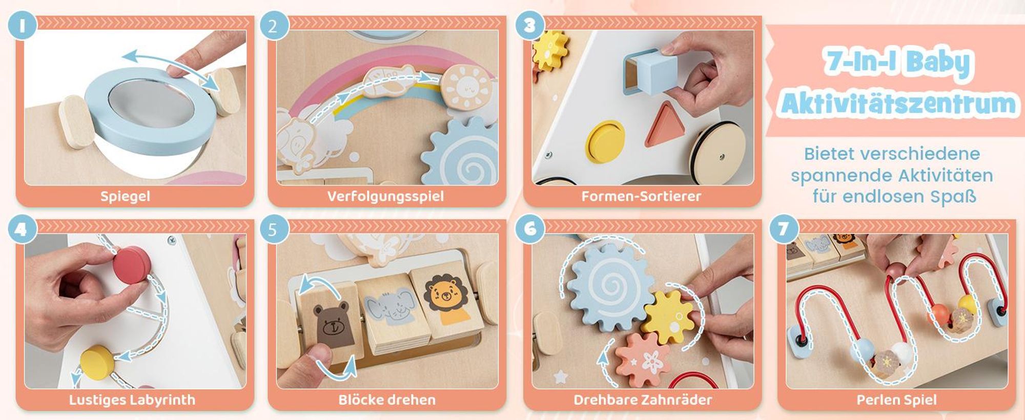Lauflernwagen Holz, 7-in-1 Lauflernhilfe ab 1 Jahr, mit Spiel- und Lernbereich