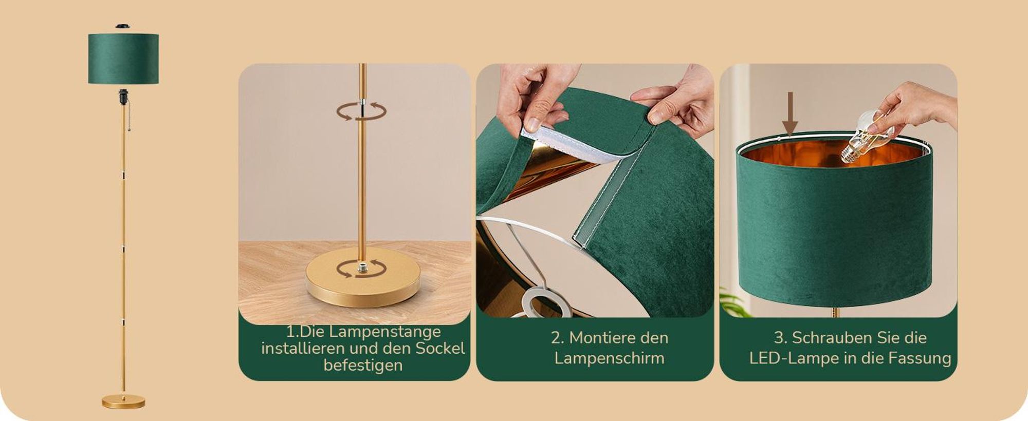 EDISHINE Stehlampe Wohnzimmer, Vintage Stehleuchte mit grünem Samt-Lampenschirm & goldenem Metallgestell, für Schlafzimmer Büro, 145cm