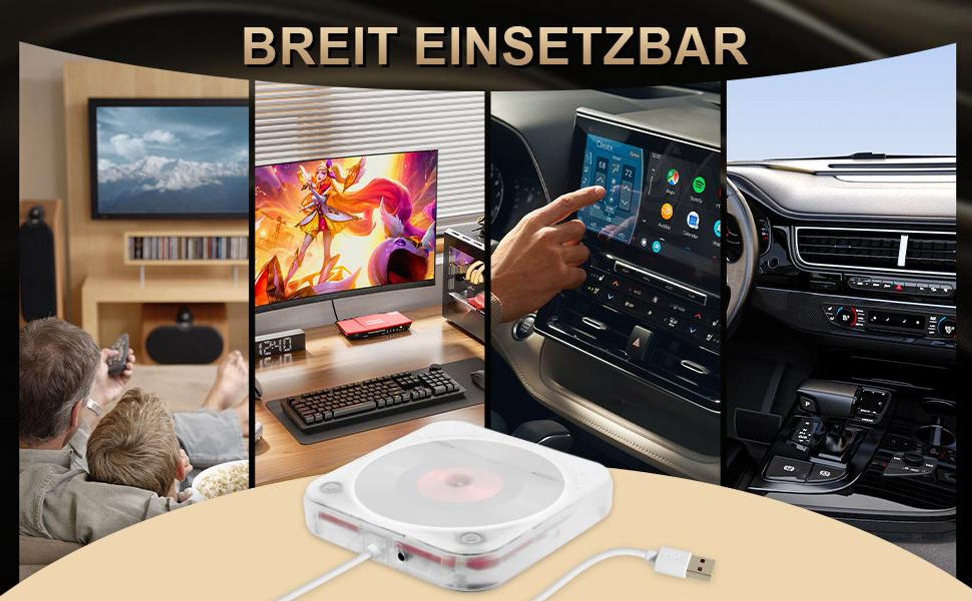CD Player, Tragbarer Bluetooth CD-Player, Extern Universal CD Player für Auto PKW LKW, Extra USB-Verlängerungskabel, für Laptop, PC, Fernseher
