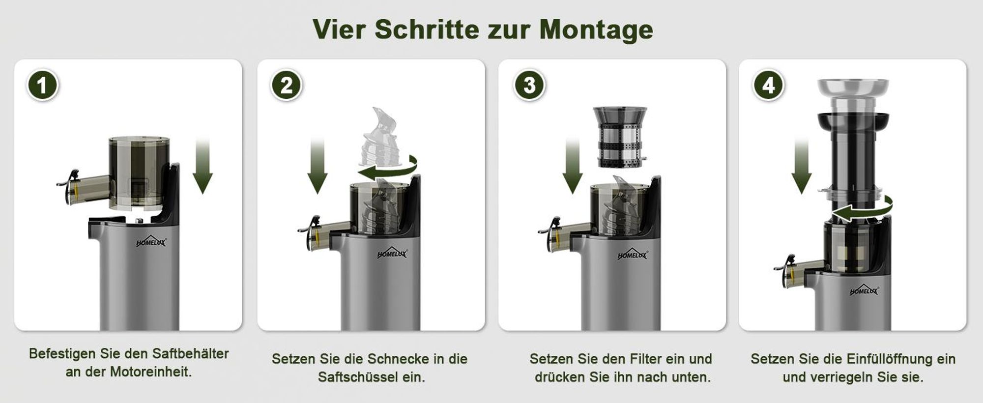 HOMELUX Slow Juicer Kleiner Entsafter Sicherheitsverriegelung, Mini, kompakt , 120 W , Geräuscharm, mit 2 Tassen, Reinigungsbürste, Grau