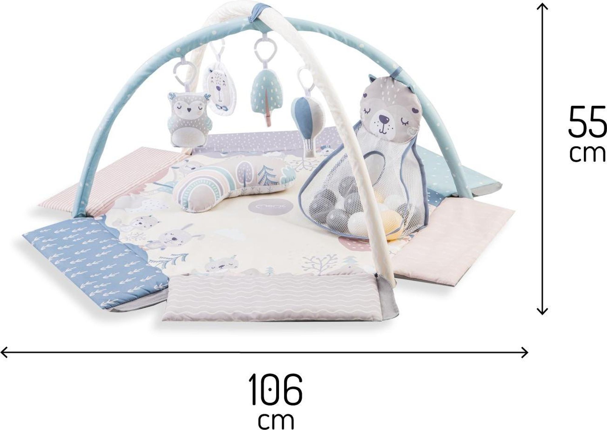 MoMi PASTEL Lernmatte Baby Matte - 5 Spielzeuge mit 30 sensorischen Bällen, 2 Spielzeugstangen, Sensorische Aktivitätsmatte