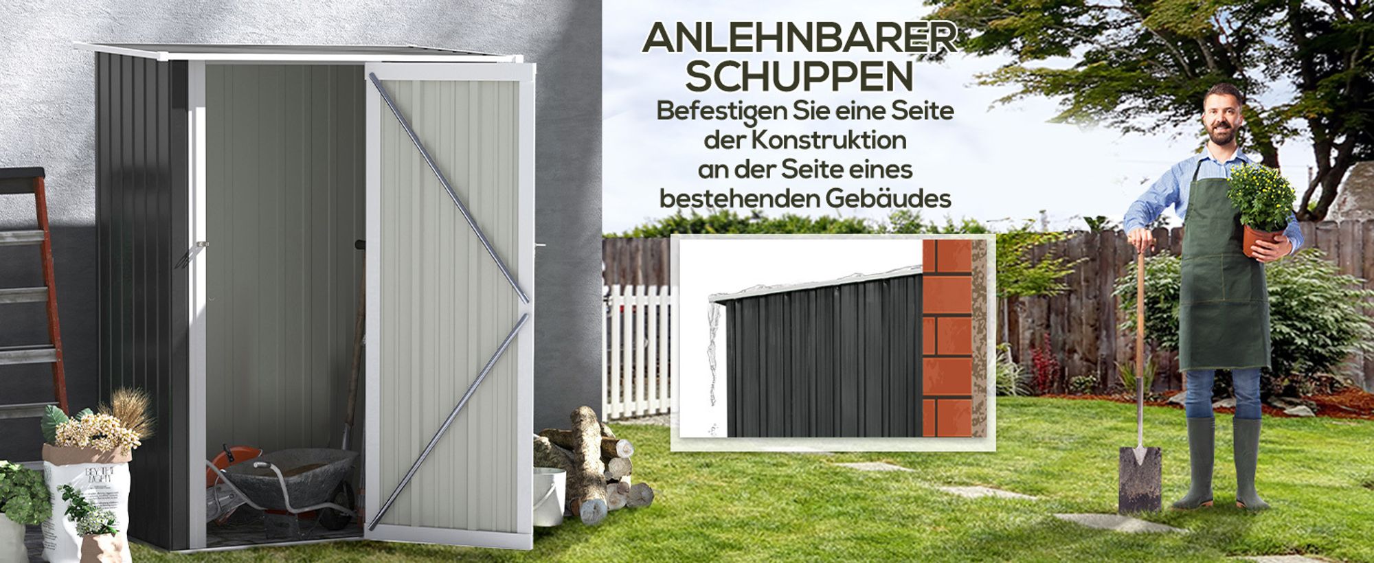 Outsunny Gerätehaus Gartenhaus Geräteschuppen mit Tür Outdoor Stahl Dunkelgrau 142 x 84 x 189 cm