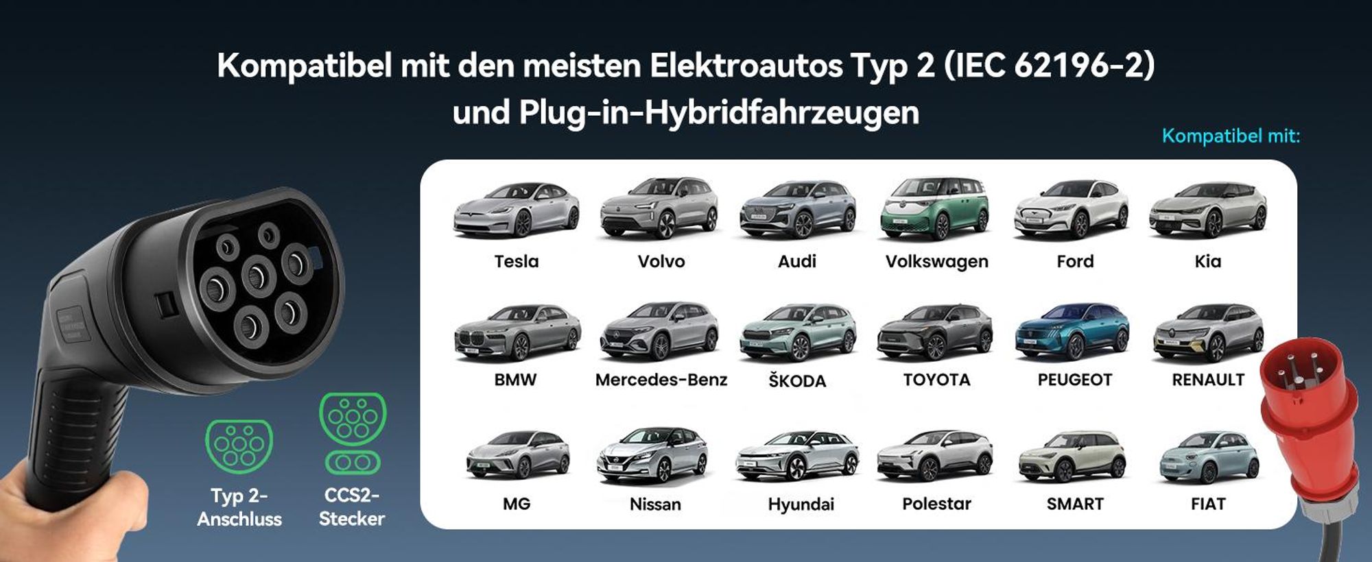 Puluomis Mobile Wallbox 11kW Ladekabel 7m Typ 2/CCS, 2 in 1 EV Ladegerät mit CEE Adapter 3-phasig 8-16A einstellbar, IP65 wasserdicht, Timer, schwarz