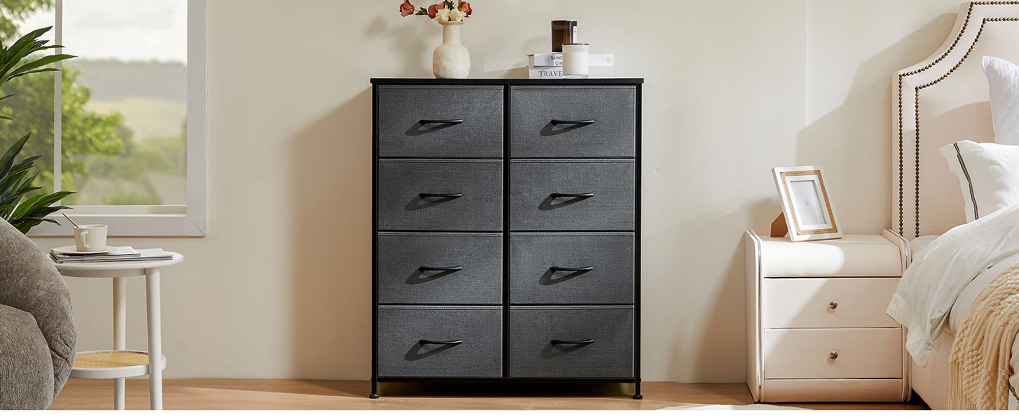 Kommode mit Stoffschubladen  , Chest of Drawers mit 8 schubladenschrank, kommode schlafzimmer schubladen schrank，Stoffkommode drawer