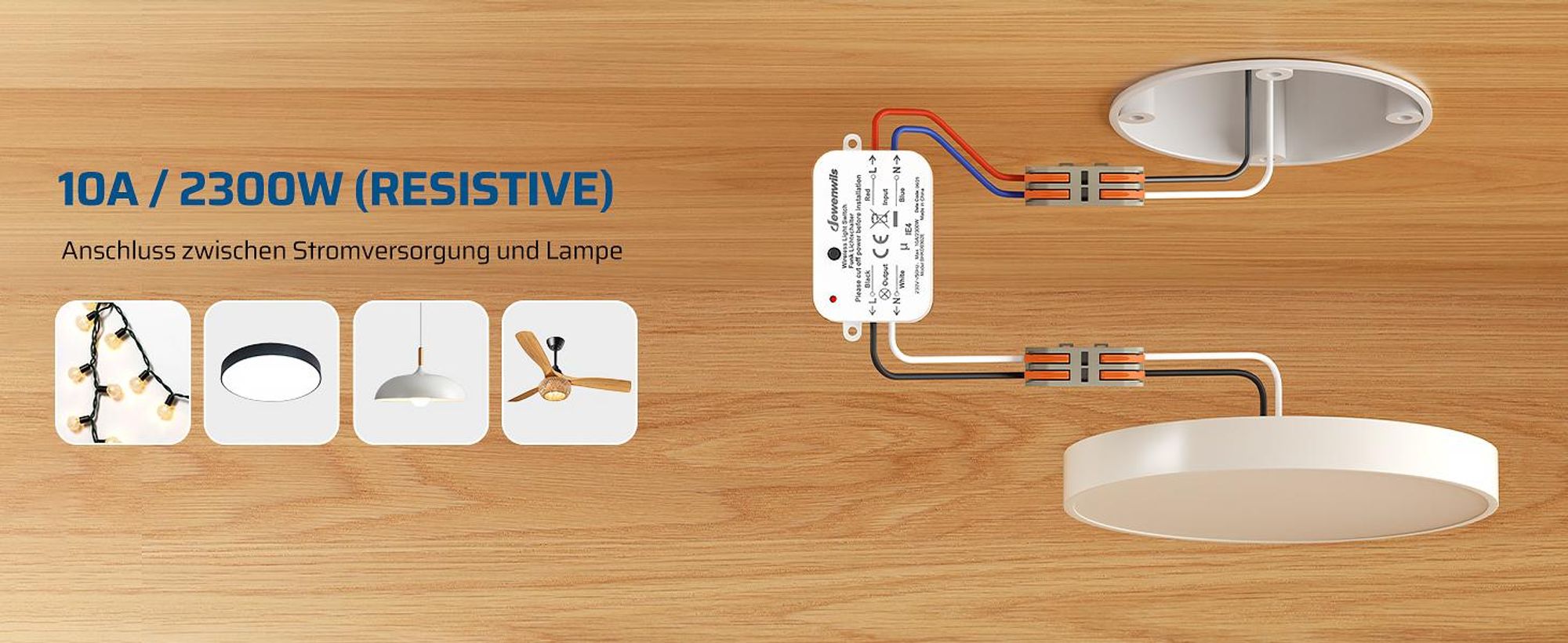 DEWENWILS Funk-Lichtschalter Set 230V, Magnetischer Funkschalter Mit Empfänger, Drahtlos, Reichweite Bis 30 m, 2300 W