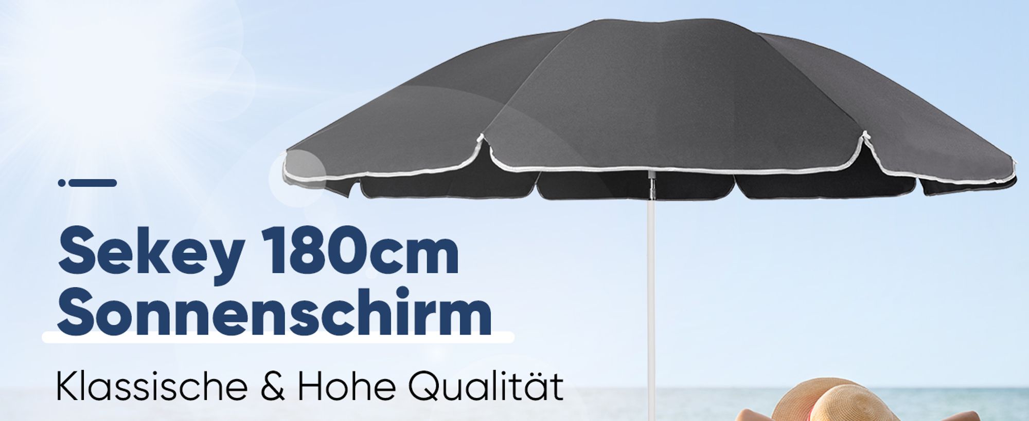 Sekey Sonnenschirm 180 cm Rund Balkonschirm Strandschirm mit Schutzhülle UV Schutz Windstabil Wasserabweisend, Dunkelgrau