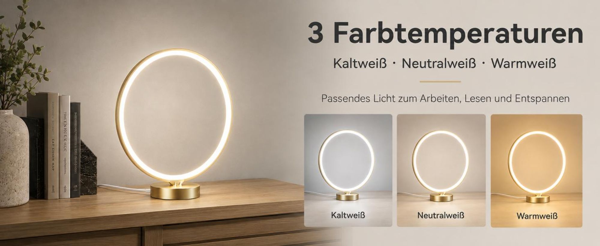 LED Tageslichtlampe 10.000 Lux, UV-frei, Touch & Fernbedienung, 3 Lichtfarben, 4 Dimmstufen, Timer, Memory-Funktion, USB-Ladefunktion, SAD-Lampe, Gold