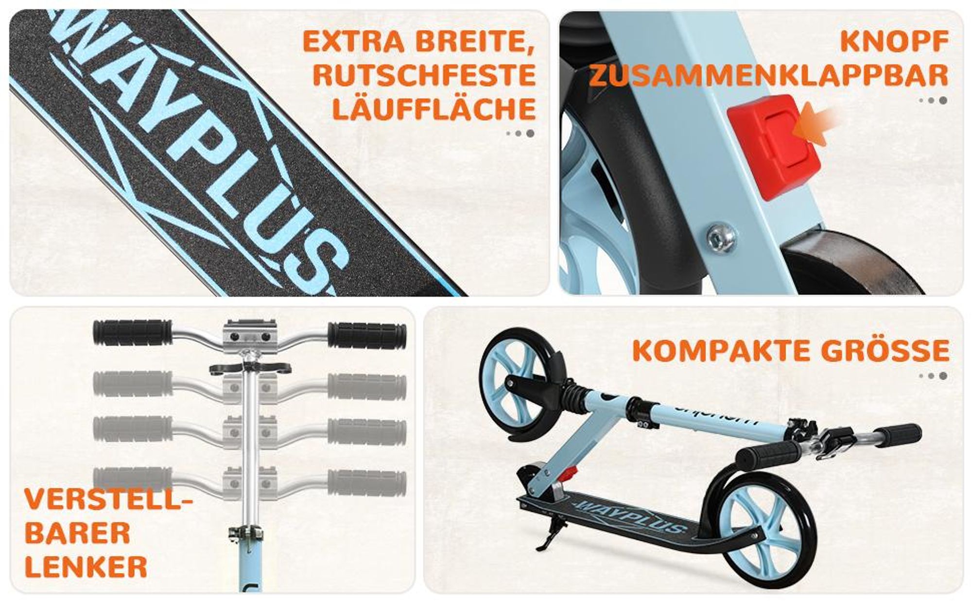 WAYPLUS Klapproller ab 6 J. bis 109 kg, 20 cm ABEC-9 Räder, 4-fach höhenverstellbarer Lenker, leichter Alu-Faltroller für Kinder & Jugendliche