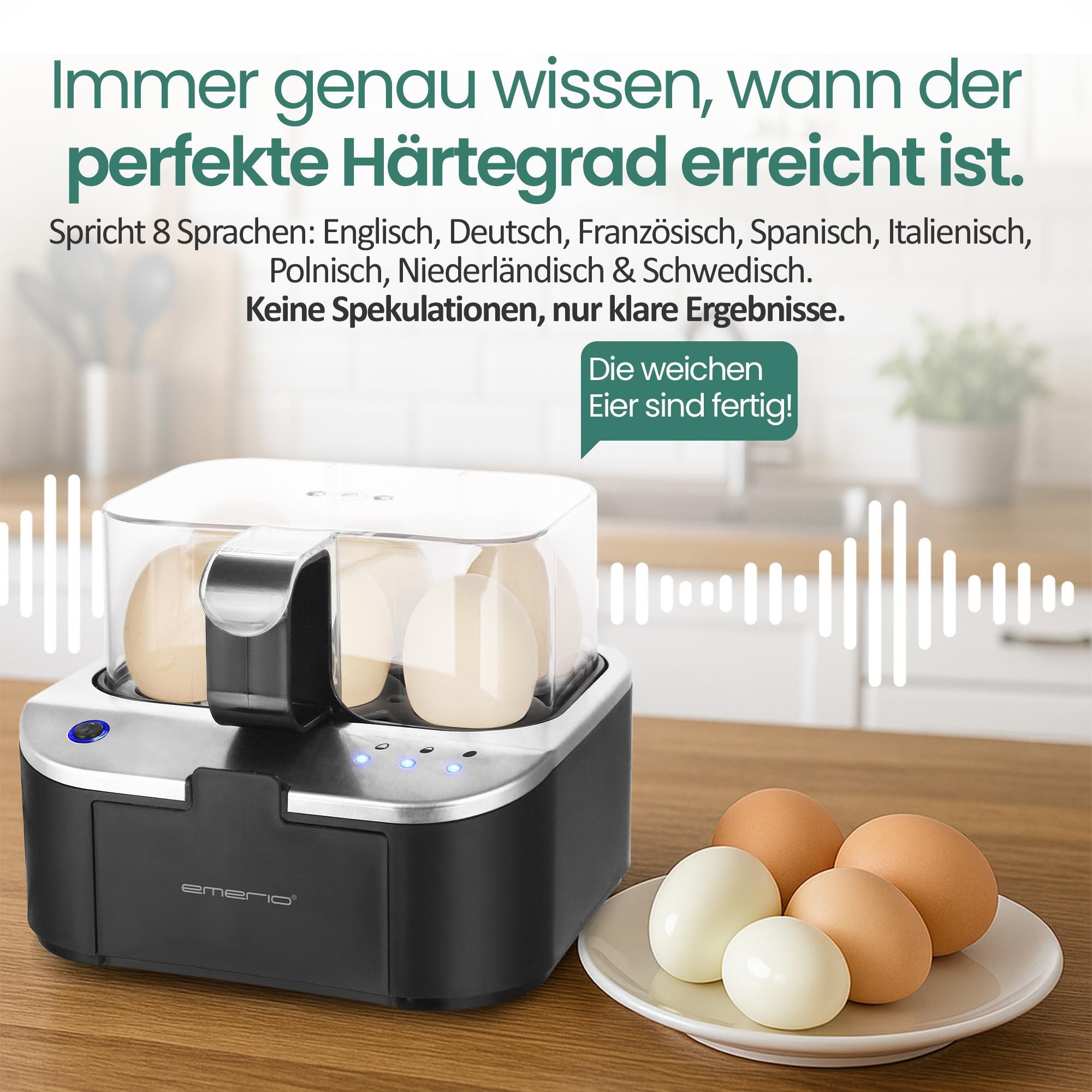 Emerio Smart Eierkocher - 6 Eier, 400W – Sprachansagen mehrsprachig (inkl. Deutsch) – weich/mittel/hart kochen – inklusive Messbecher - EB-123177.12
