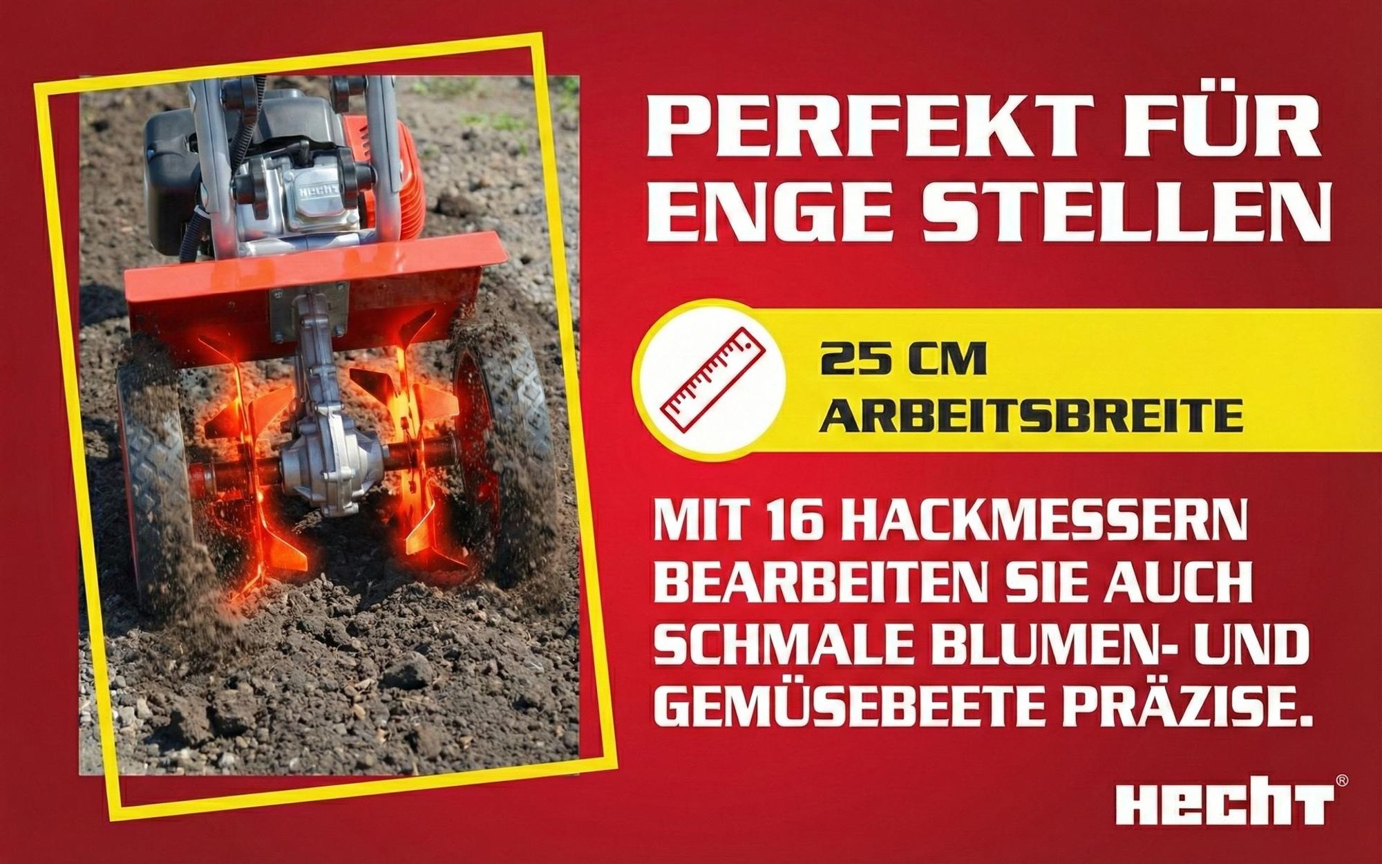 HECHT 752 Motorhacke Benzin | 25 cm Arbeitsbreite | 19,5 cm Arbeitstiefe | 2 PS | 2 Takt | 51,7cm³ | 16 Messer
