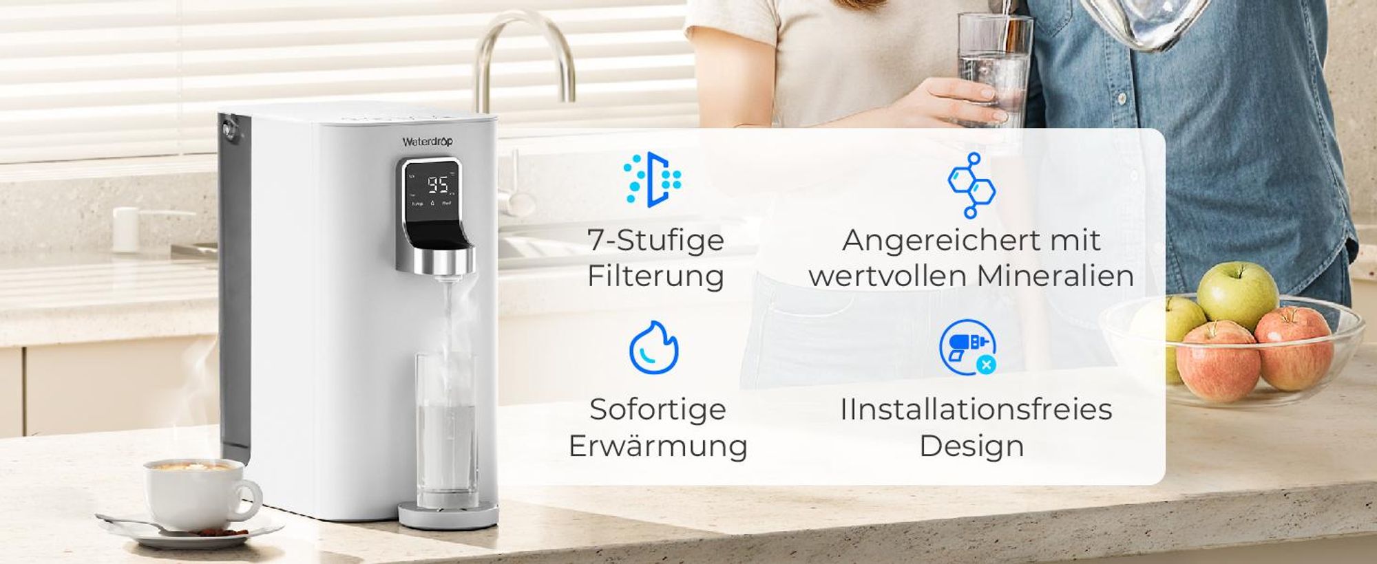 [Mineralien] Waterdrop K19-HG Umkehrosmose-Wasserfiltersystem für die Arbeitsplatte, Sofort-Heißwasserspender, Tragbar, 7-Stufig mit UV