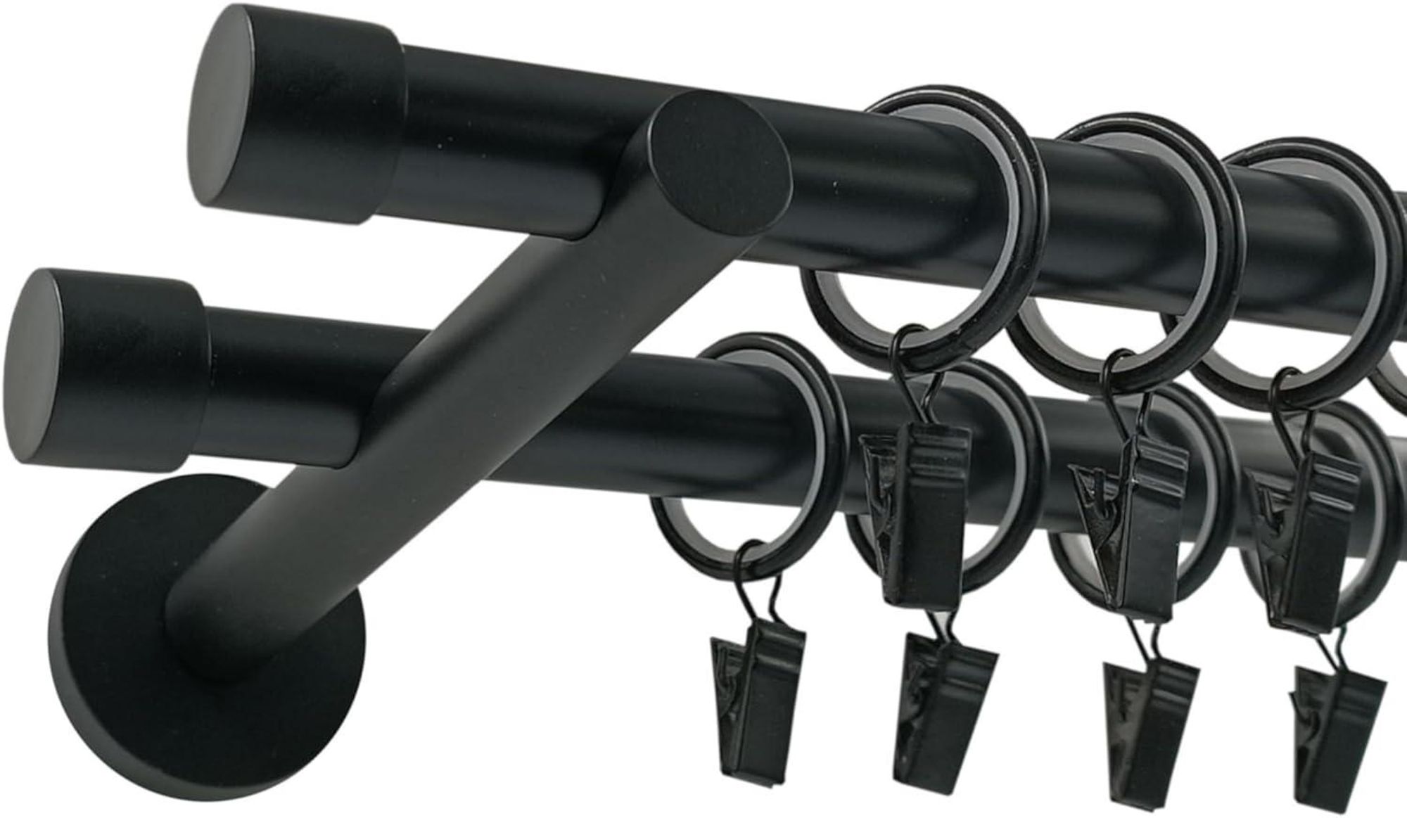 Techno 400 cm Doppelte Gardinenstange Schwarz 19 mm aus Metall mit Endstück Basic Komplettset mit Ringen und Clips Inklusive Montagezubehörset