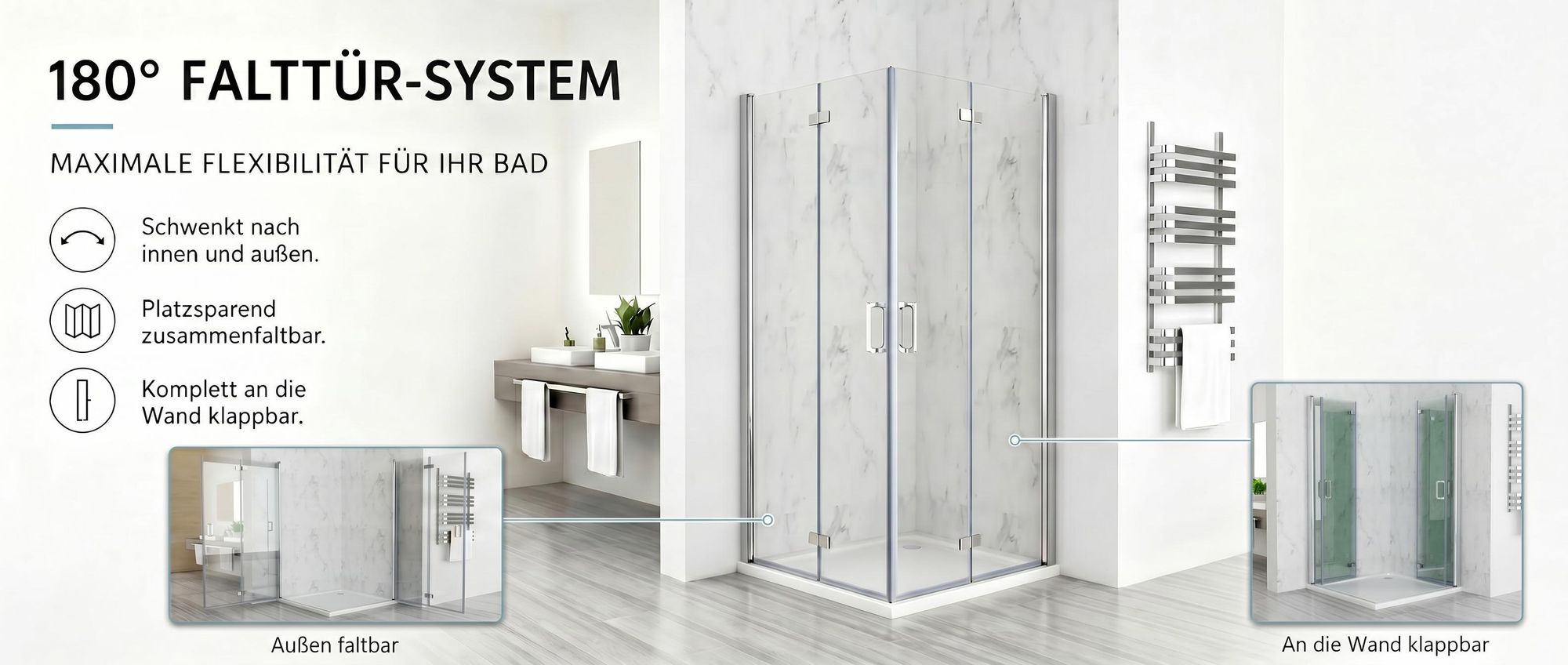 Duschkabine Eckeinstieg 90x90 cm Falttür mit Doppel Faltbar Duschtür, 6mm NANO ESG Glas, Drehfalttür komplett Dusche Höhe 197cm, ohne Duschwanne