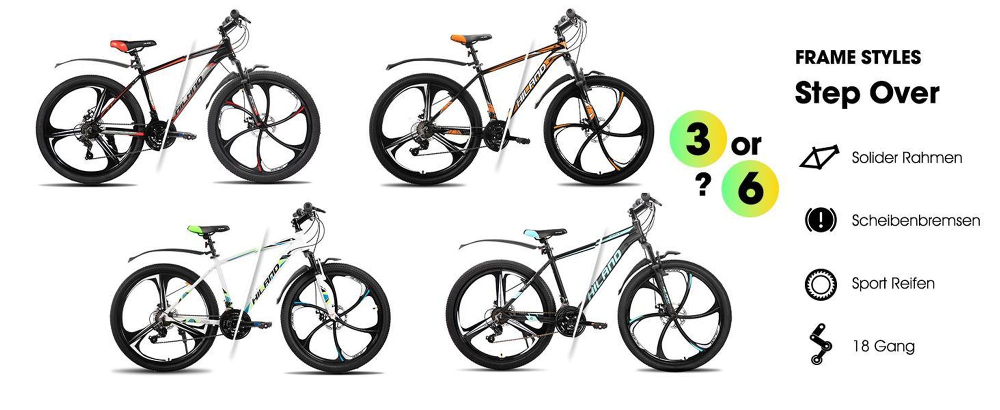 Hiland 26 Zoll Mountainbike für Erwachsene, 3/6 Speichenrad 18 Gang Herren Damen Mountainbike, mit Doppelscheibenbremse, 26 Zoll MTB Aluminiumrahmen