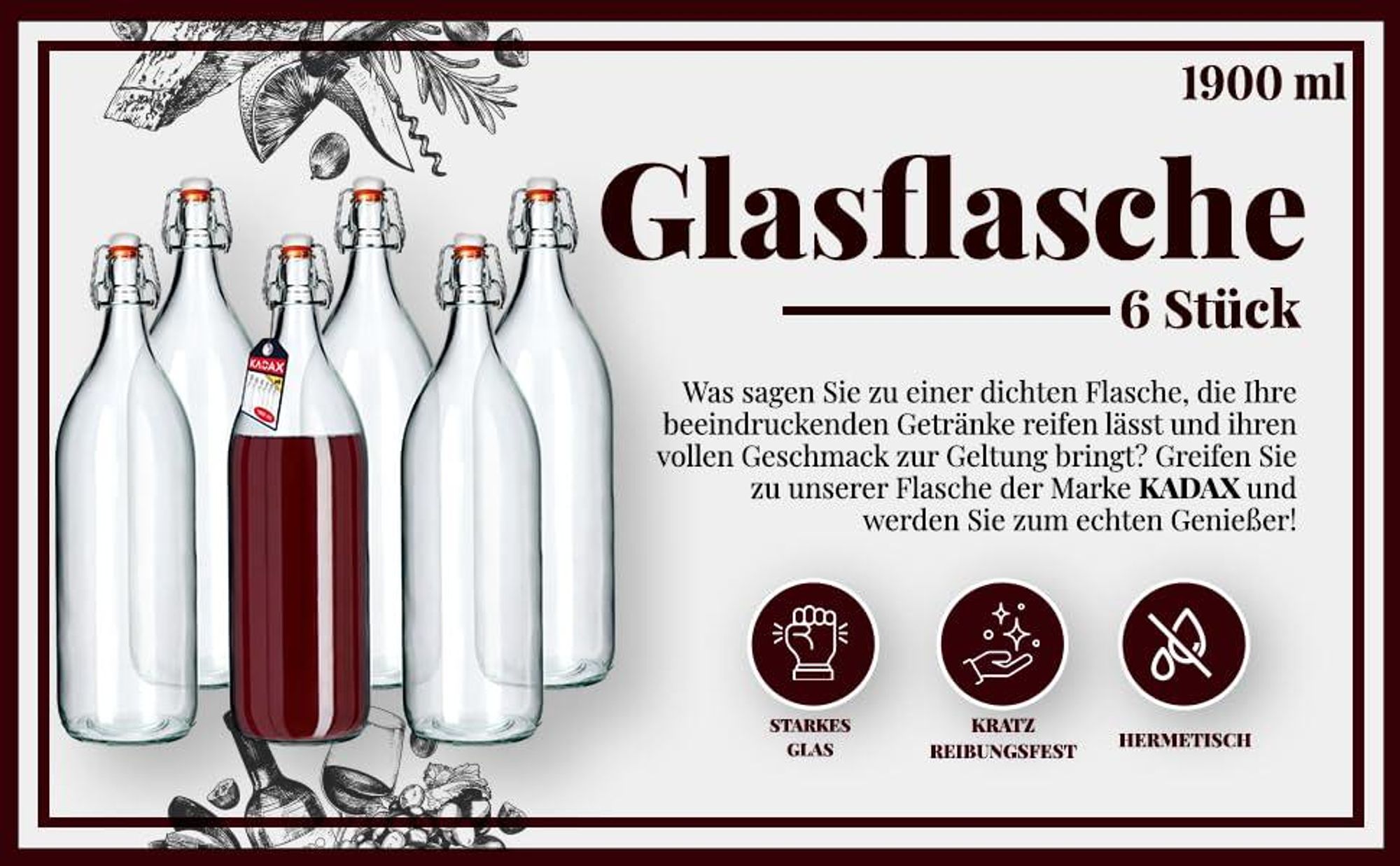 KADAX Glasflasche "Torano", Flasche, Likörflaschen, Ölflasche, Essigflasche, 2L, 6 Stück