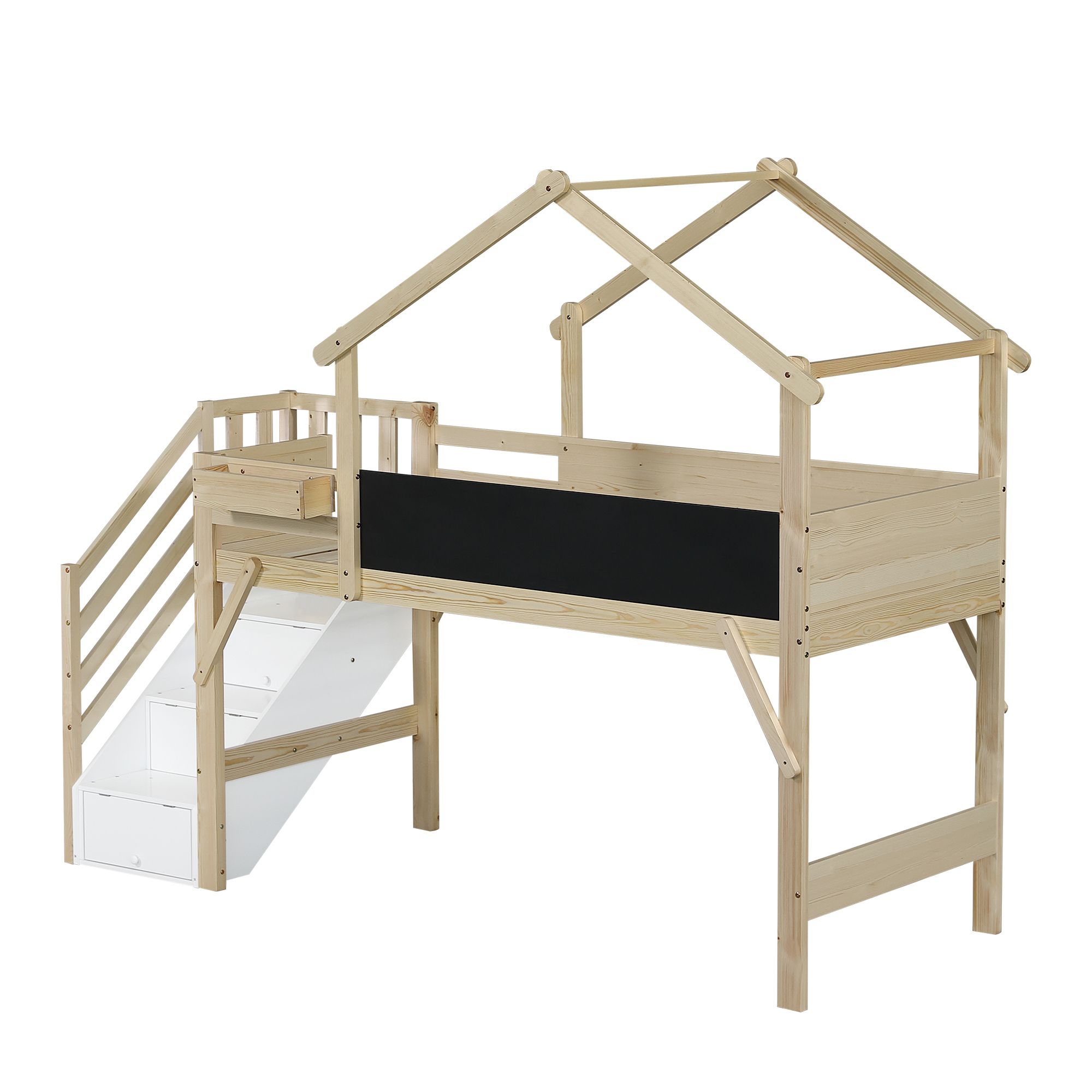 Flieks Etagenbett 90x200cm mit Kreidetafel, Kinderbett Hausbett mit Regal und Rausfallschutz, Hochbett Stockbett mit Lattenrost, Einzelbett Holzfarbe