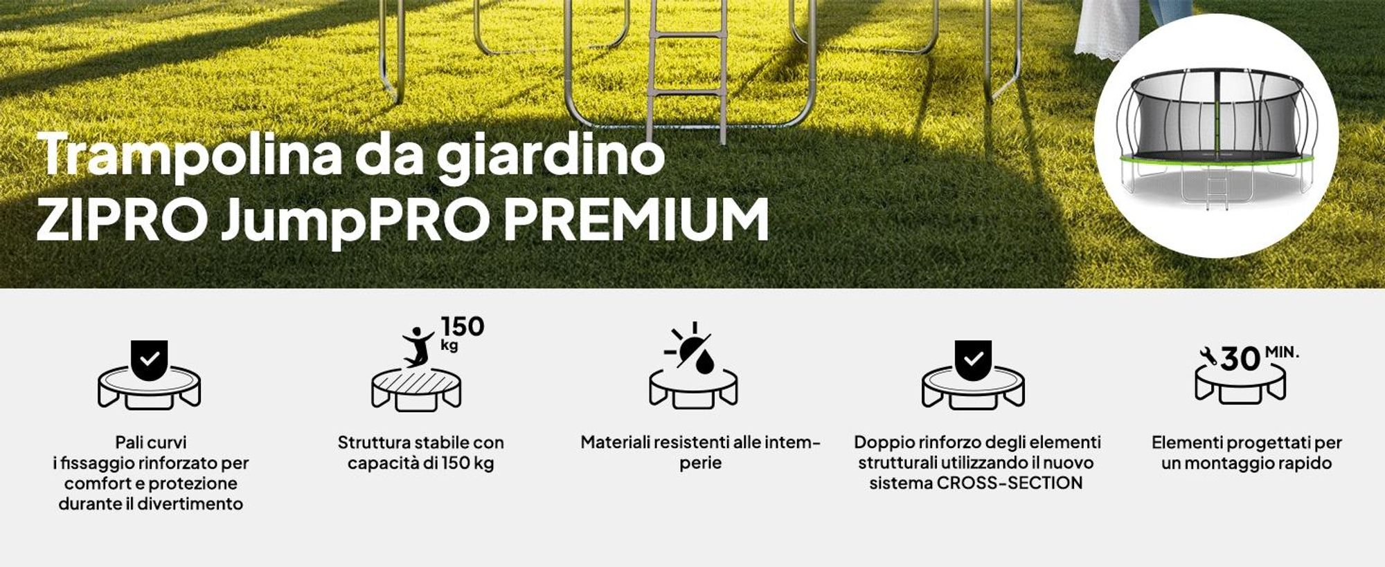 ZIPRO Trampolino Jump Pro Premium | 16FT Ø 496 cm | Trampolino da giardino Trampolino per bambini Set completo incl. rete, scaletta e copertura perimetrale, da esterno, verde