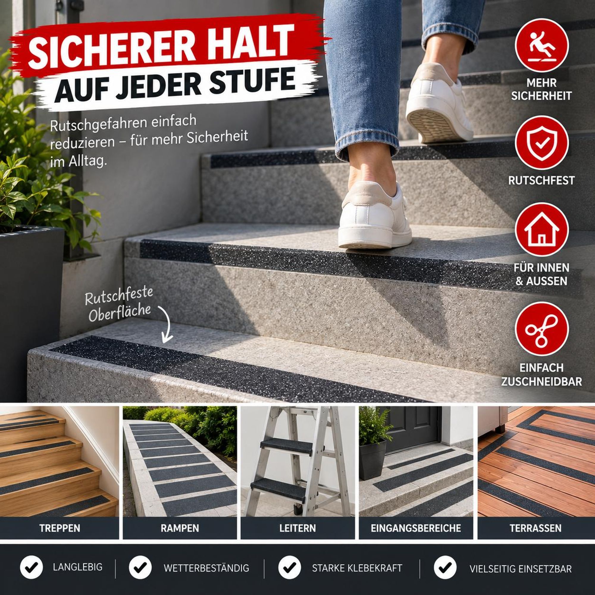 Schwarzes Antirutschband für Treppen, Stufen und Rampen, selbstklebend und zuschneidbar