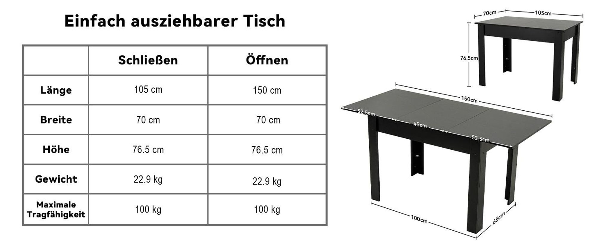 Puluomis Ausziehbarer Esstisch, Erweiterbarer Tisch 70x105-150cm, Klapptisch mit Verstärkter MDF-Platte, Küchen-/Wohnzimmertisch schwarz