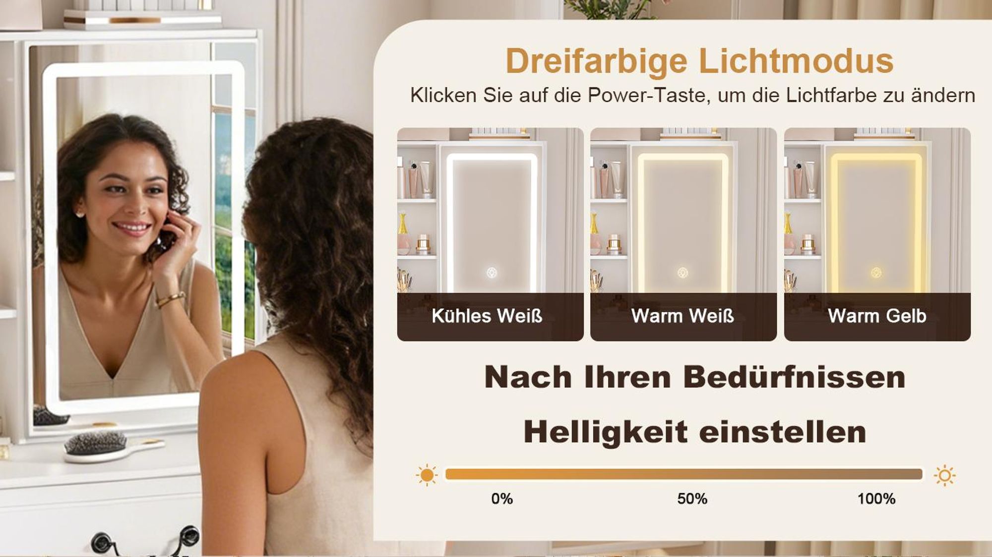 MODFU Schminktisch,moderner Frisiertisch mit dimmbarem LED-Spiegel und Hocker,kompakter Kosmetiktisch,Schminkkommode mit verstecktem Stauraum,Weiß