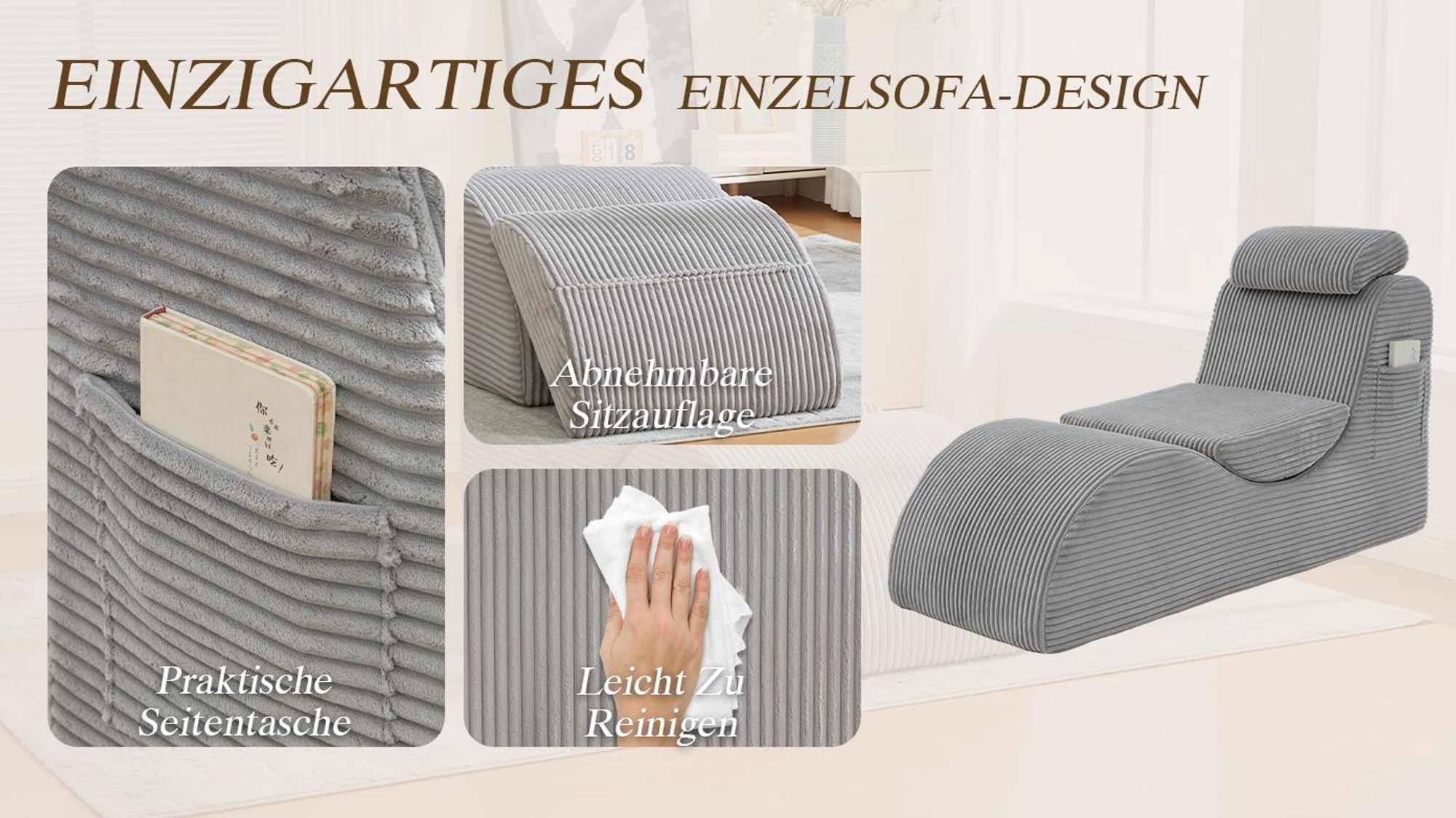 LVHOM Polsterliege mit abnehmbaren Kissen und Fußstütze, Chaiselongue Relaxliege mit Seitentasche, Liegesessel mit Schlafenfunktion, Cordstoff, Khaki