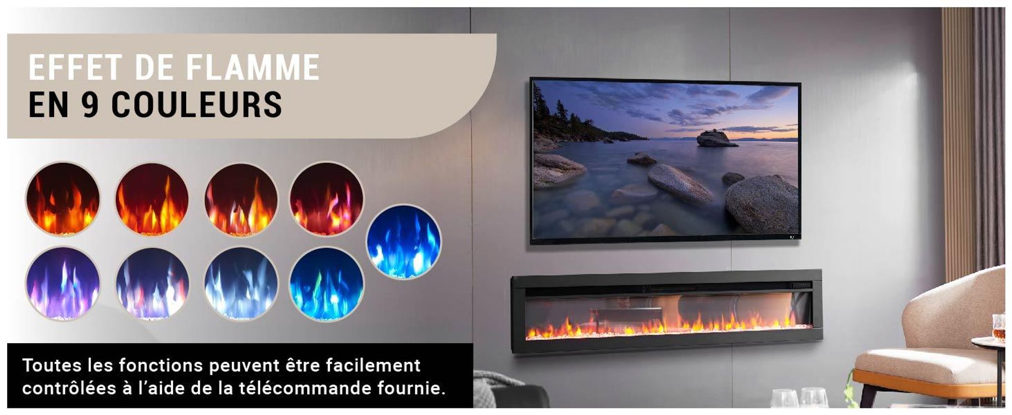 Cheminée électrique encastrable BALDERIA Agnes 60 – Puissance de chauffage jusqu'à 1 800 W, noire