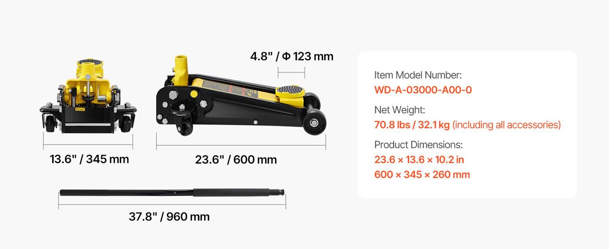 VEVOR Wagenheber, 2,5 Tonnen Niedrigprofil-Wagenheber, Aluminium- und Stahl-Rennwagenheber mit Dualkolben-Schnellhubpumpe, Wagenheber-Hubbereich 95 mm-475 mm, 3 T-b, Eisen-b