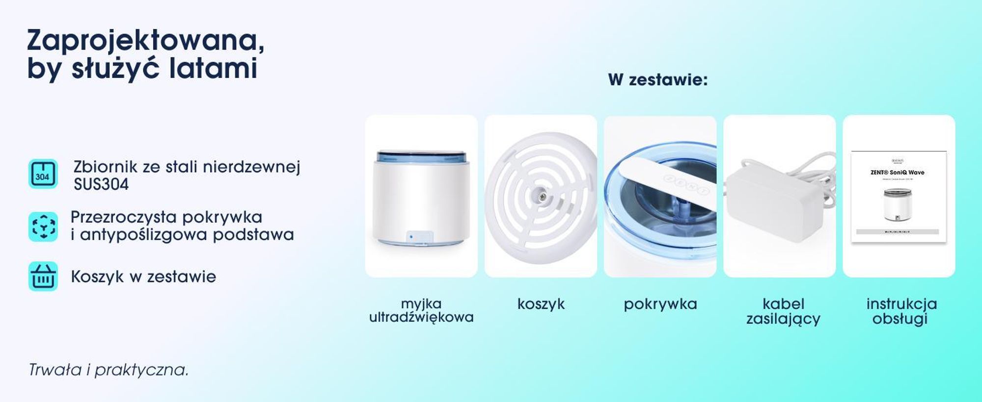 ZENT Profesjonalna Myjka Ultradźwiękowa 200ml do Biżuterii, Nakładek ortodontycznych, Protez, Biała